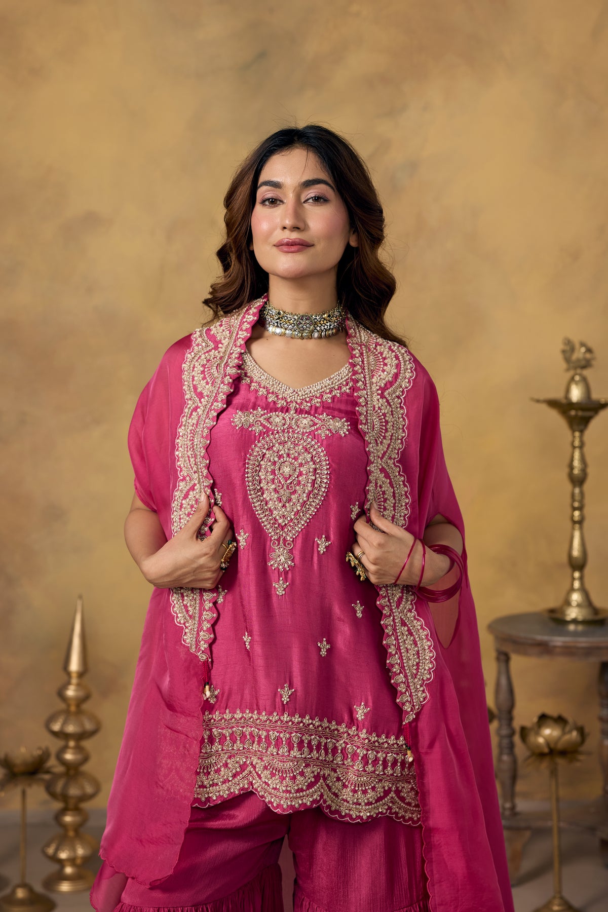 Pink Rose Embellished Organza Silk Sharara Set