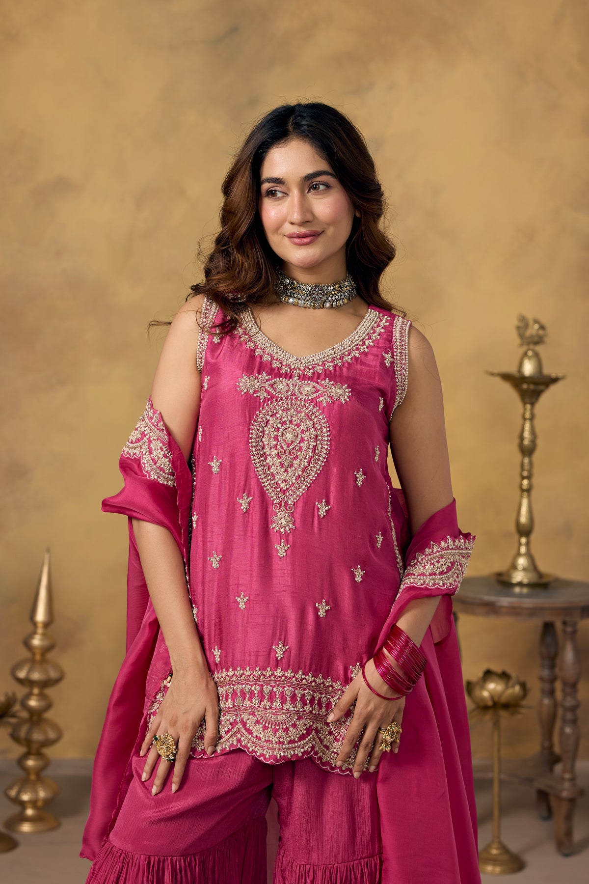 Pink Rose Embellished Organza Silk Sharara Set
