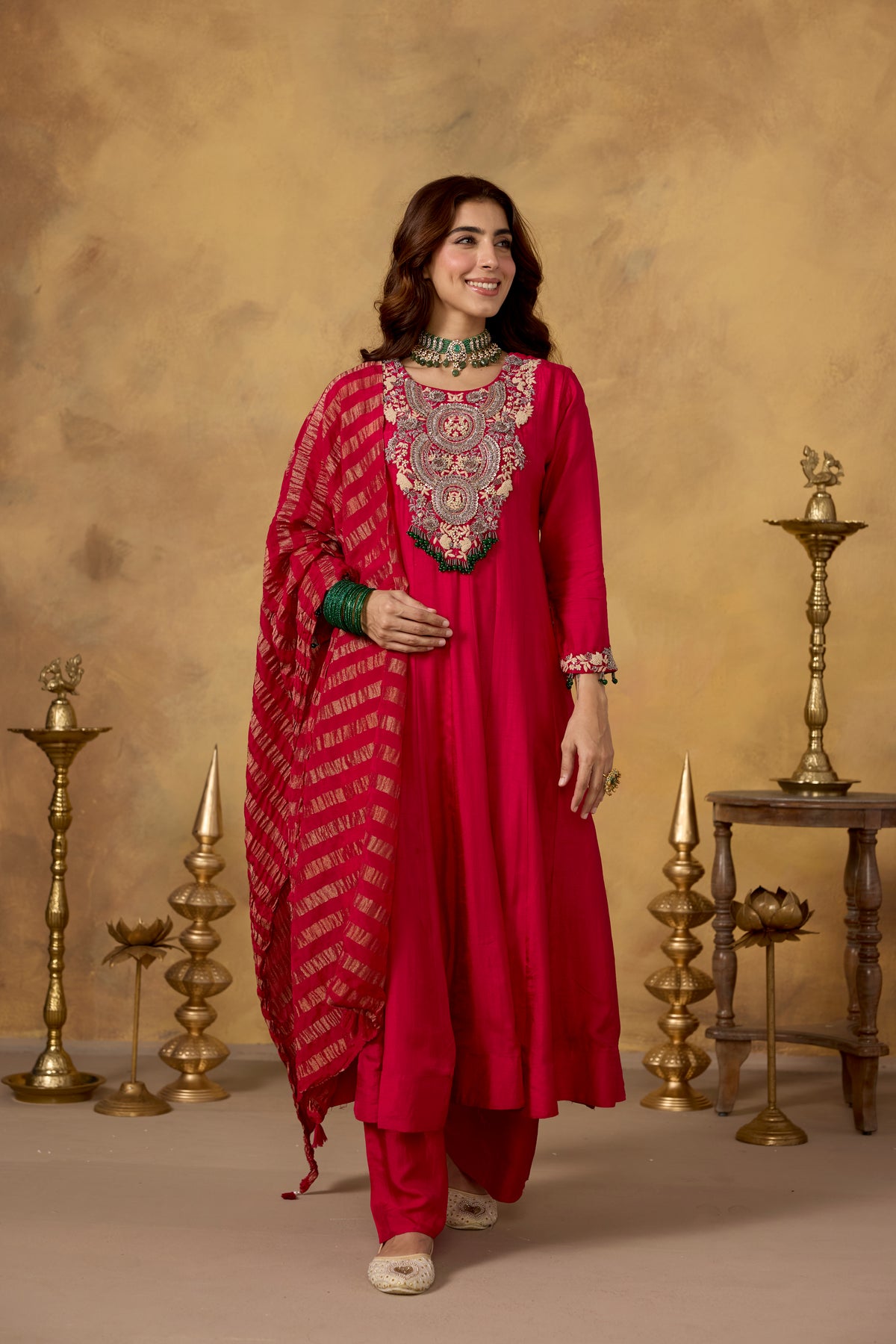 Dark Pink Embellished Raw Silk Pant Set