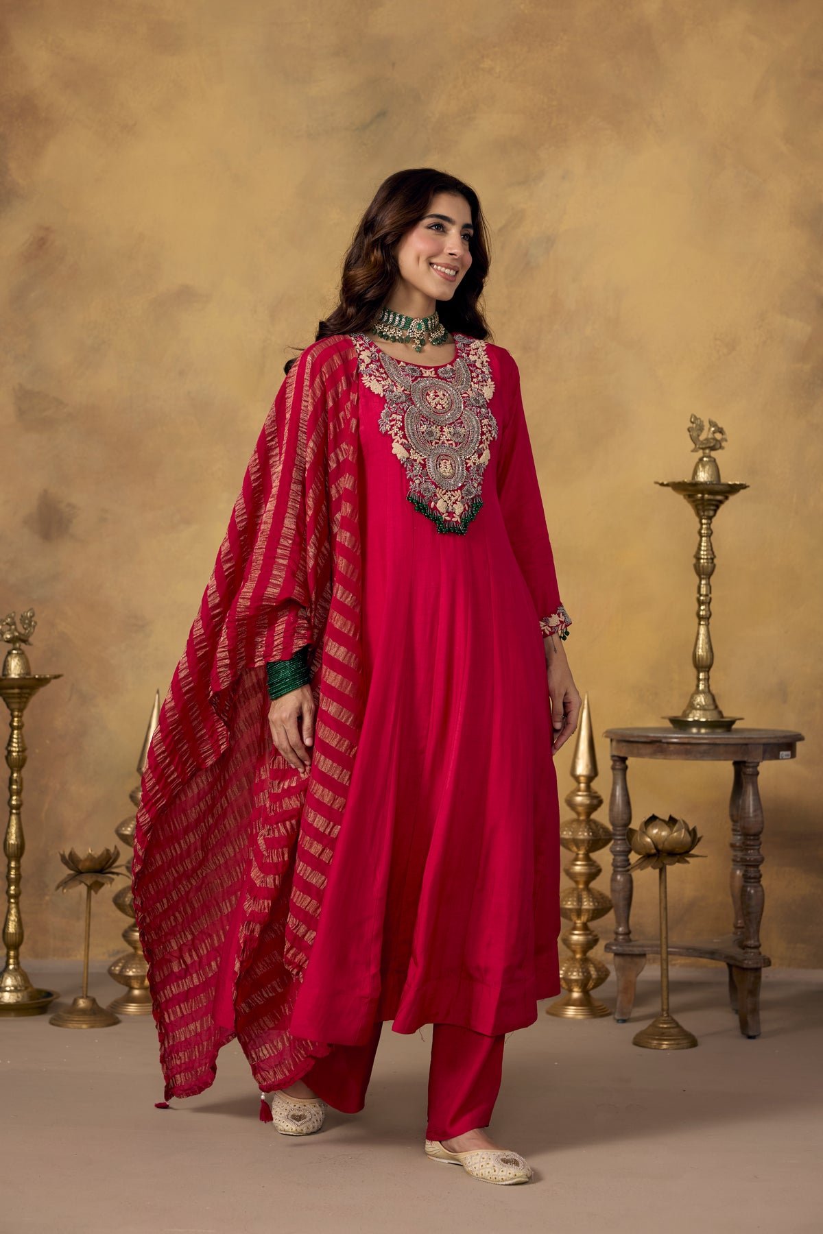Dark Pink Embellished Raw Silk Pant Set