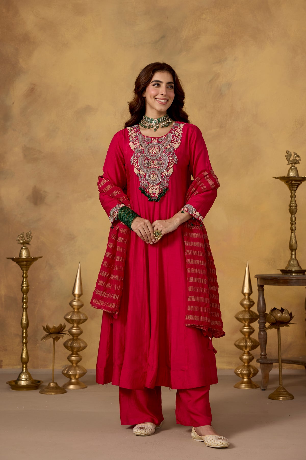 Dark Pink Embellished Raw Silk Pant Set