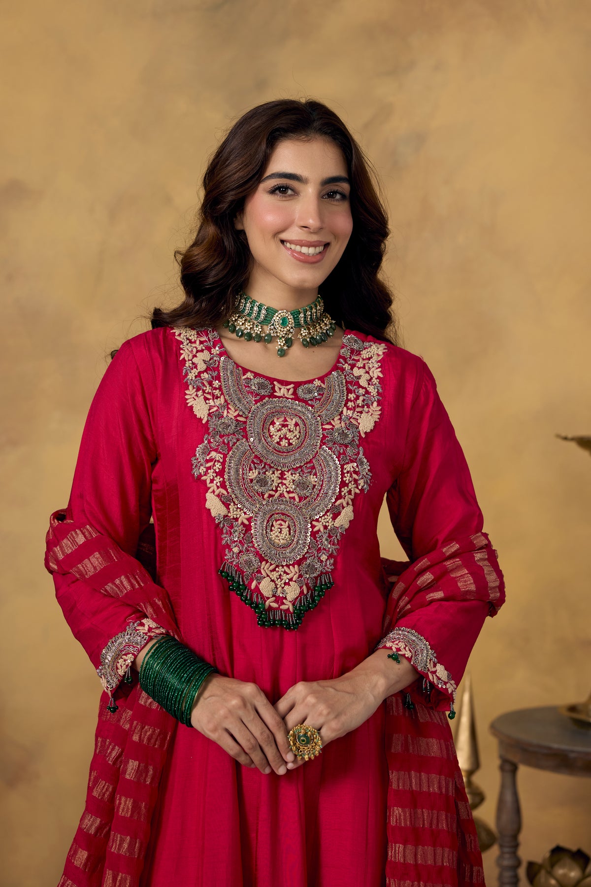 Dark Pink Embellished Raw Silk Pant Set