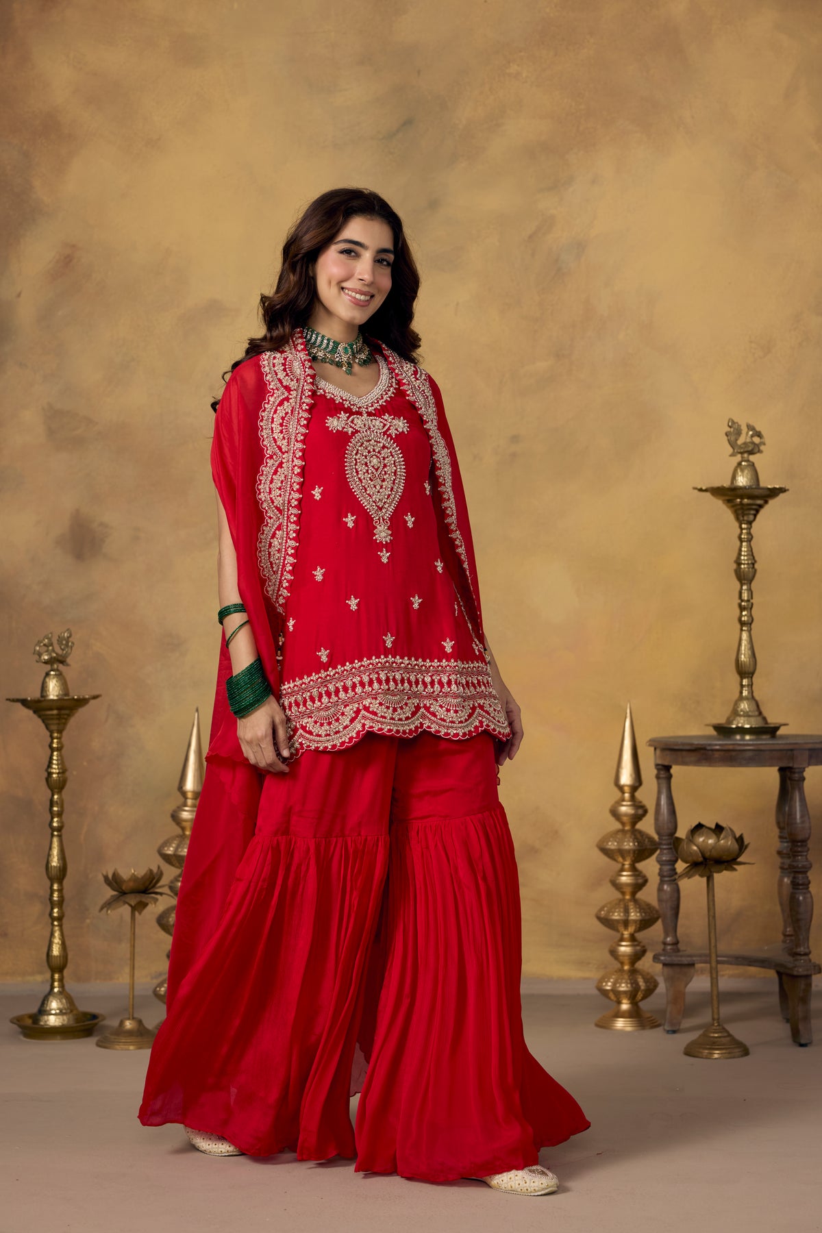 Vermilion Red Embellished Organza Silk Sharara Set