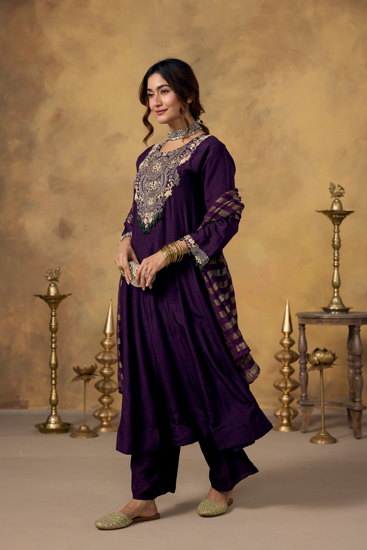 Midnight Purple Embellished Raw Silk Pant Set