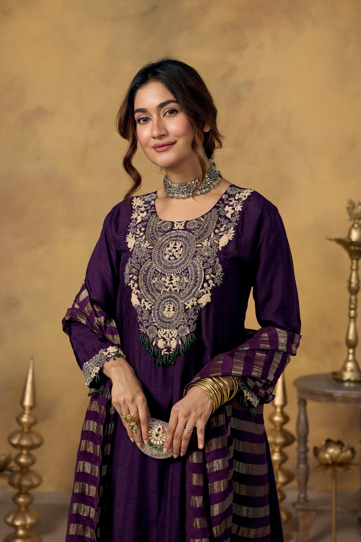 Midnight Purple Embellished Raw Silk Pant Set