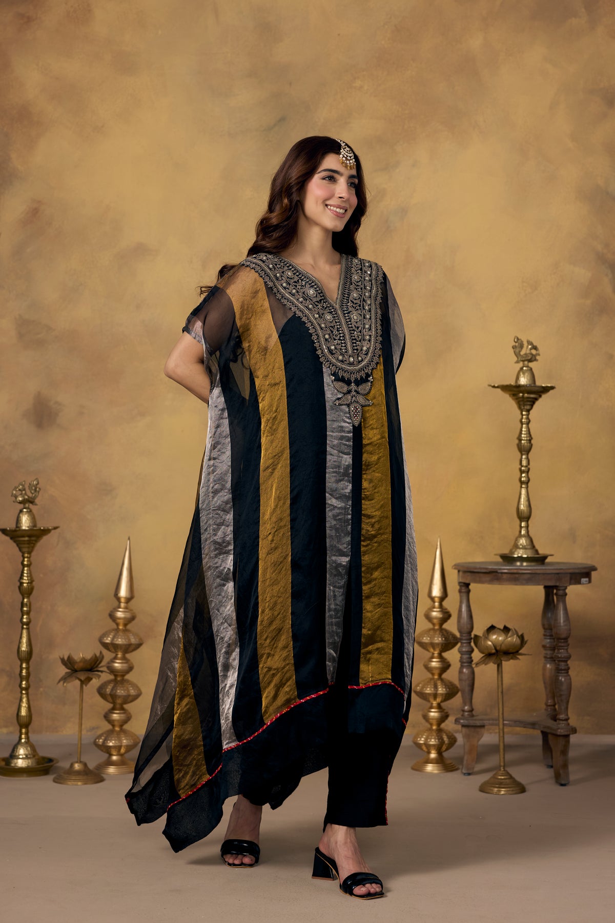Onyx Metallic Gold Embellished Organza Silk Kaftan Set