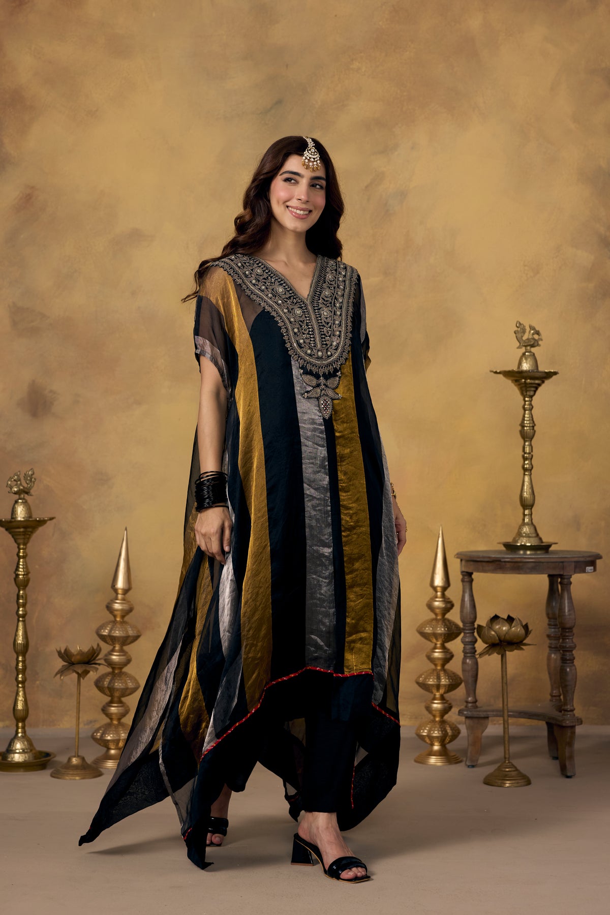 Onyx Metallic Gold Embellished Organza Silk Kaftan Set