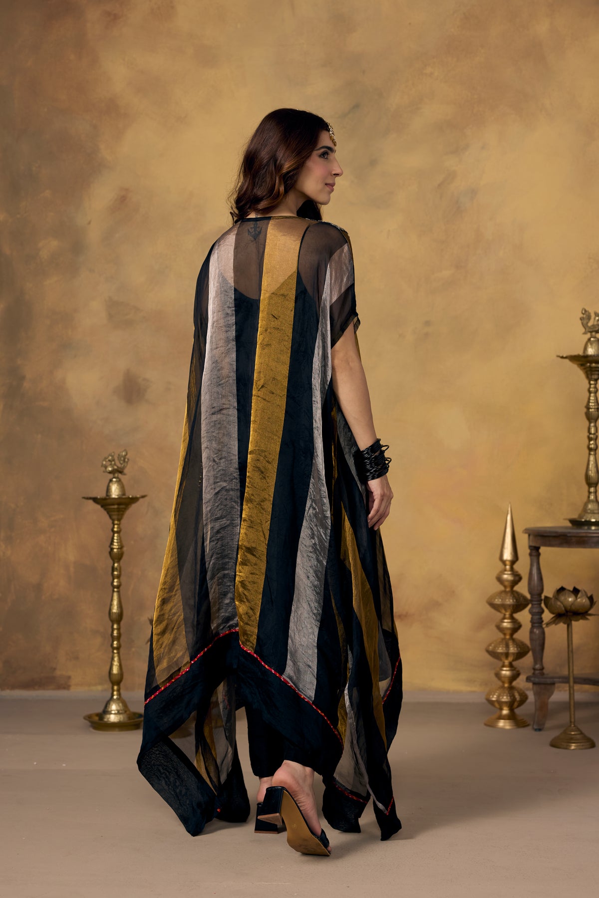 Onyx Metallic Gold Embellished Organza Silk Kaftan Set
