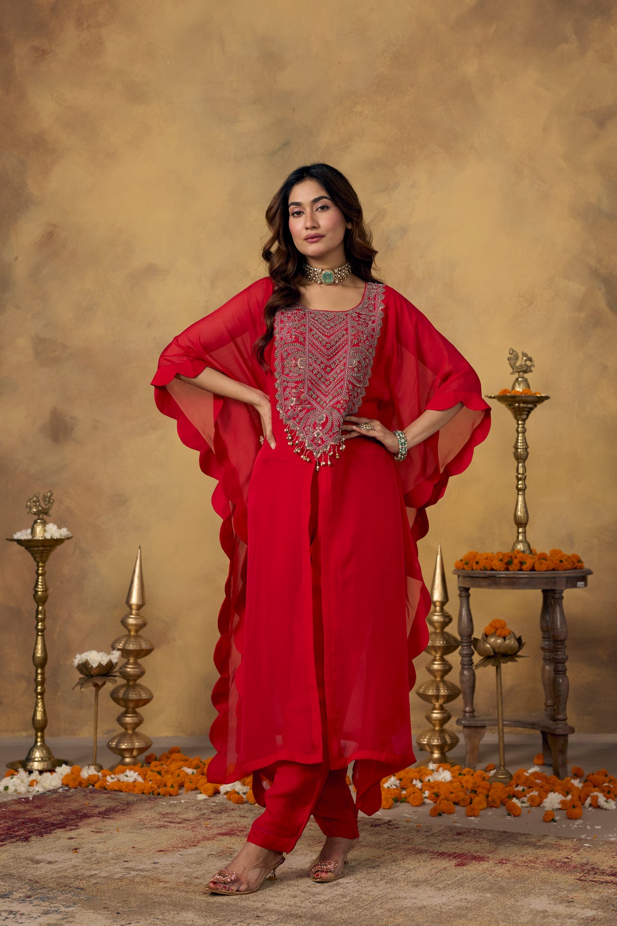 Crimson Red Embellished Organza Silk Kaftan Set