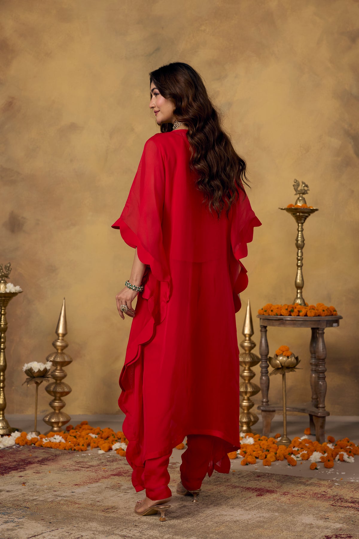Crimson Red Embellished Organza Silk Kaftan Set