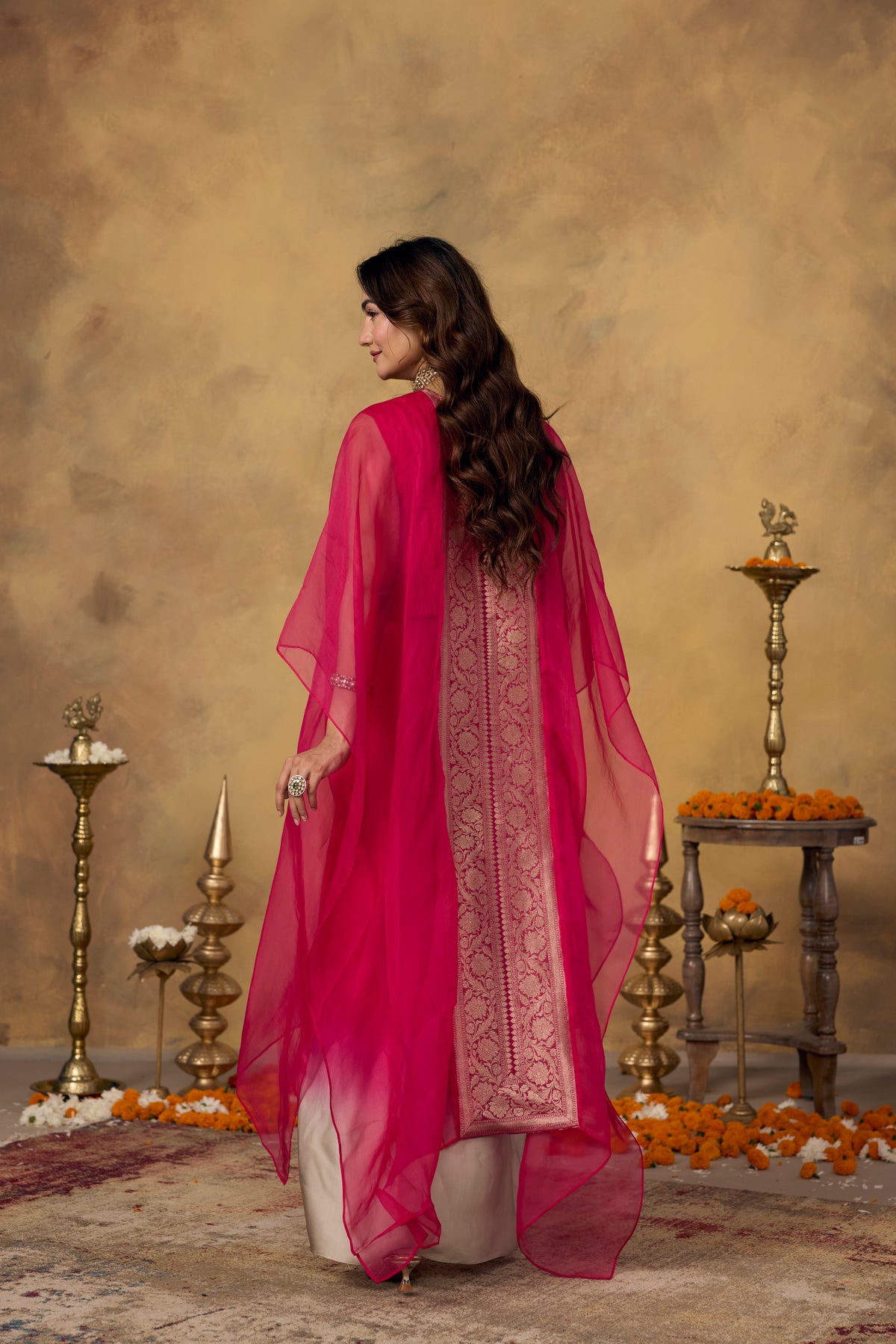 Rich Pink Embellished Organza Silk Kaftan Set