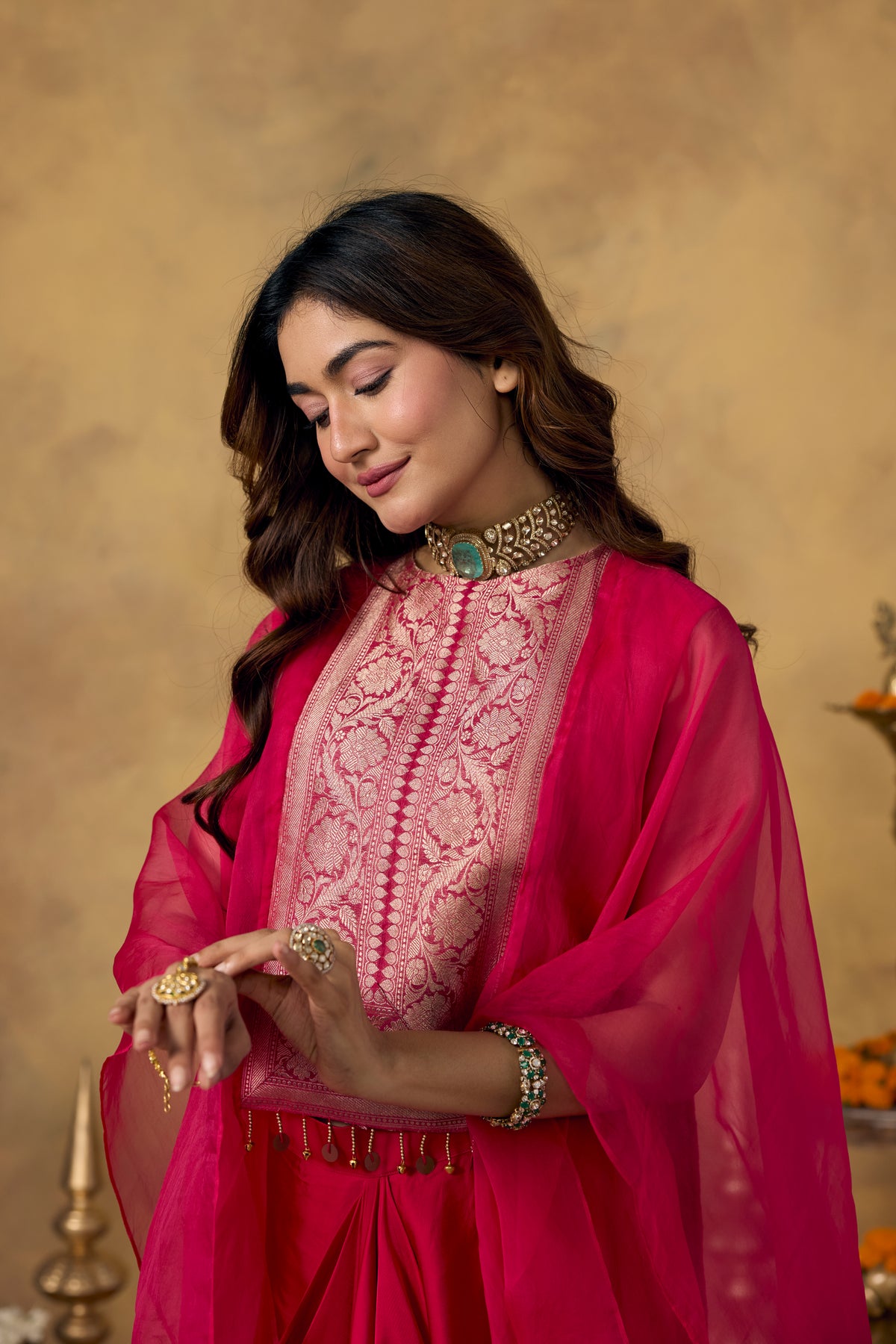 Rich Pink Embellished Organza Silk Kaftan Set