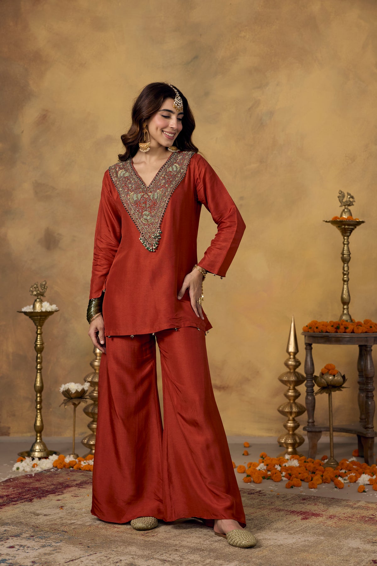 Orange Terracota Embellished Raw Silk Palazzo Set