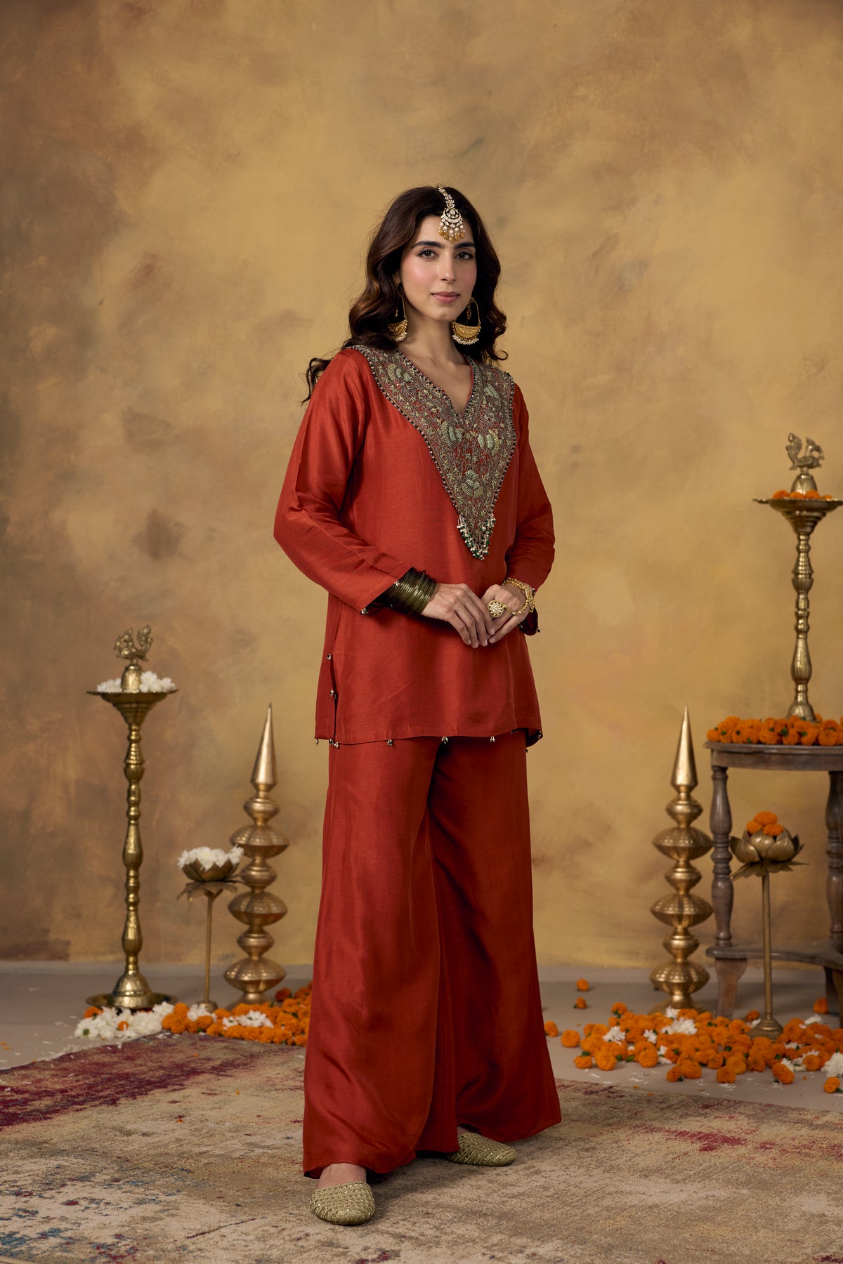 Orange Terracota Embellished Raw Silk Palazzo Set