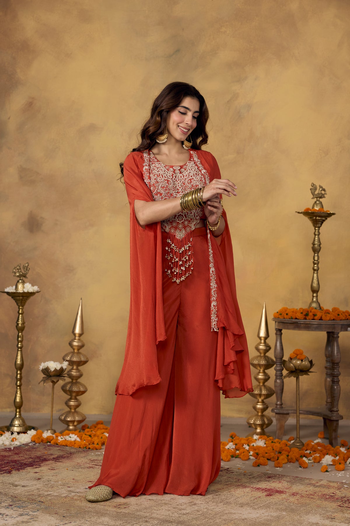 Rust Orange Embellished Chinon Silk Palazzo Set