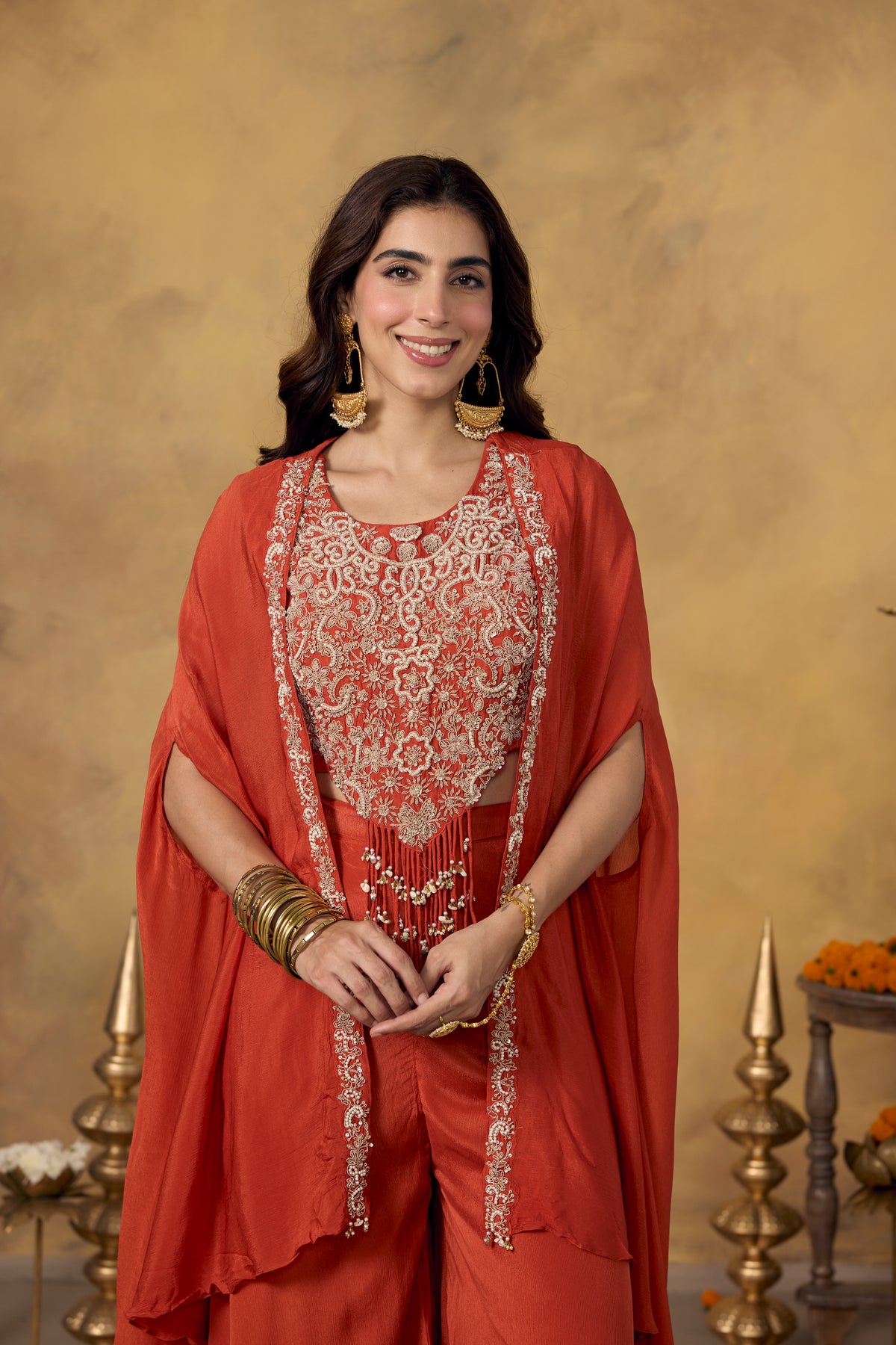 Rust Orange Embellished Chinon Silk Palazzo Set