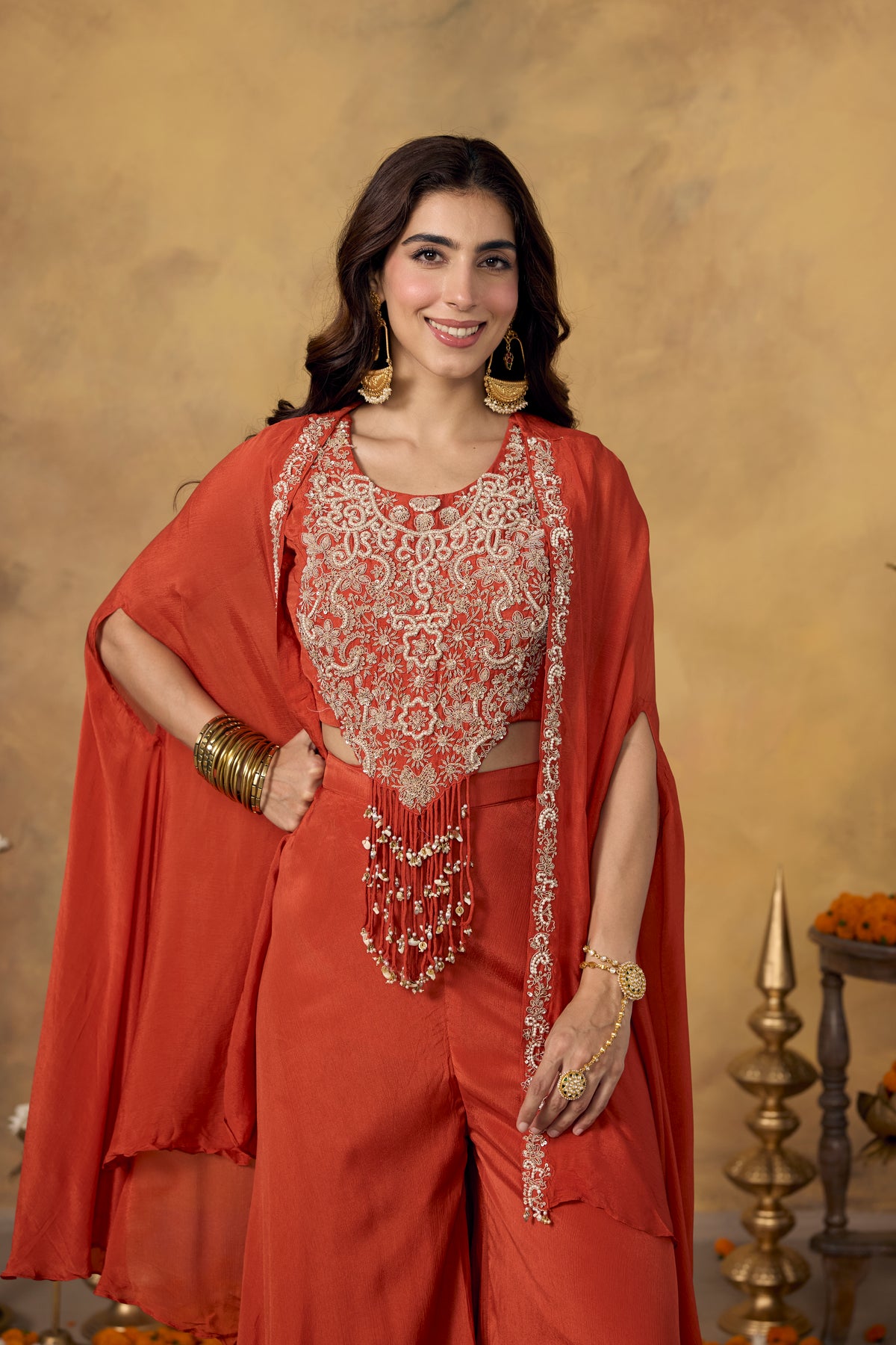 Rust Orange Embellished Chinon Silk Palazzo Set