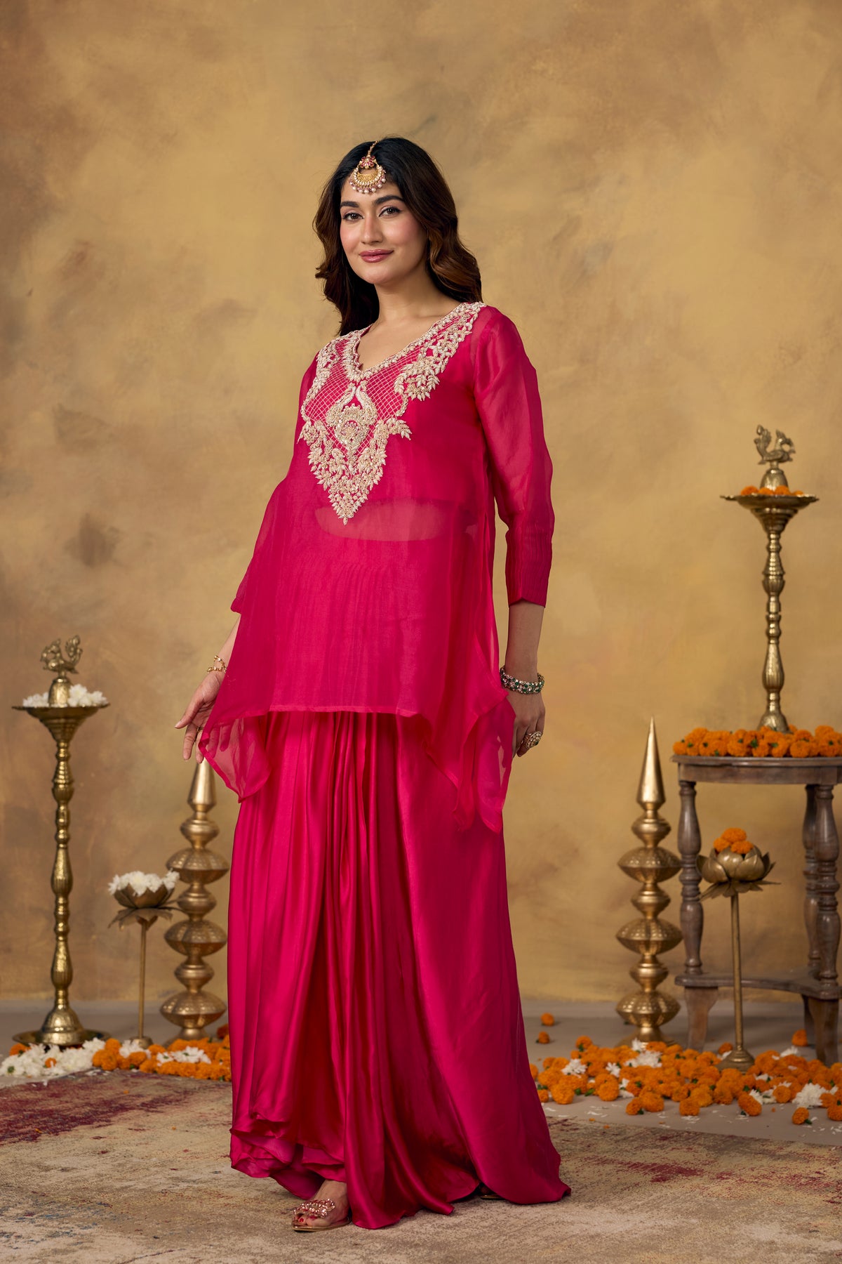 Pink Flamingo Embellished Satin Silk Skirt Set