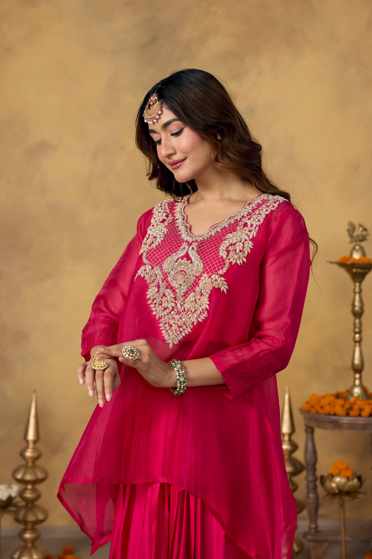 Pink Flamingo Embellished Satin Silk Skirt Set