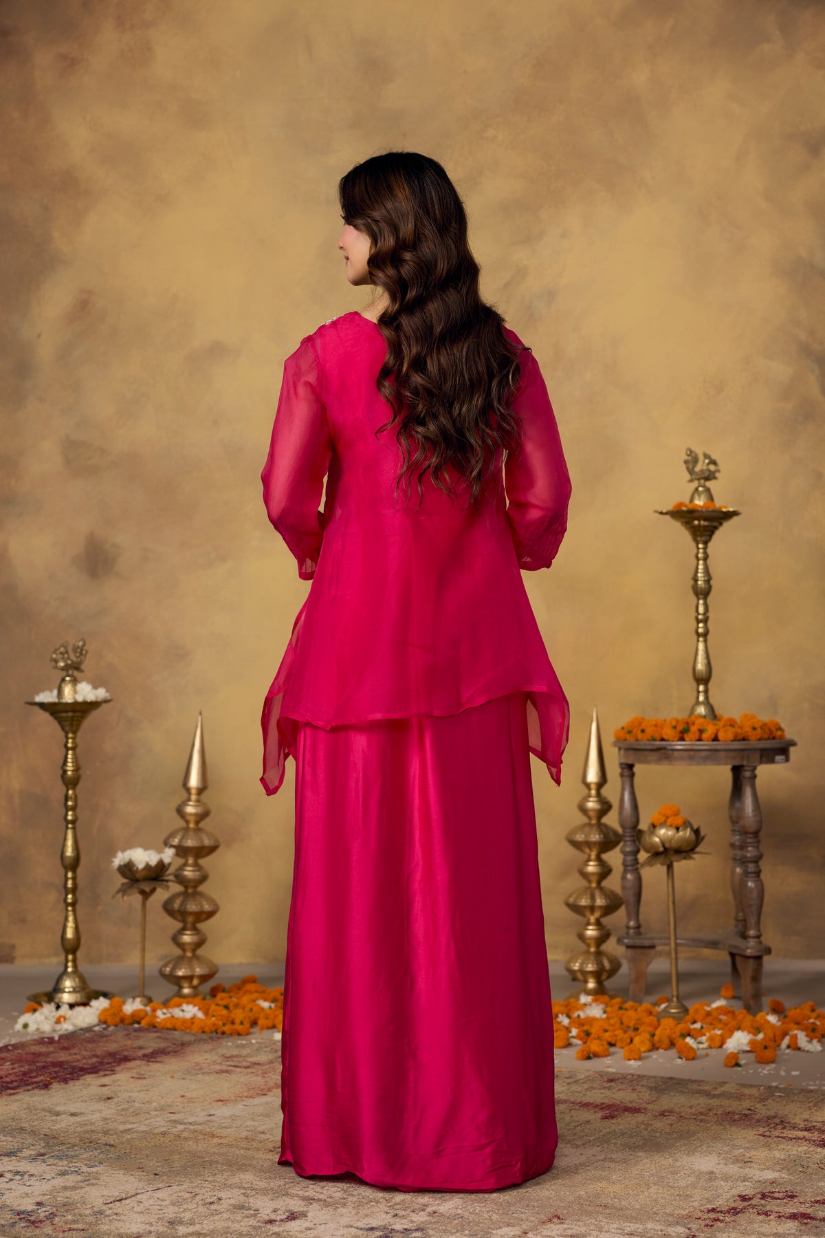 Pink Flamingo Embellished Satin Silk Skirt Set