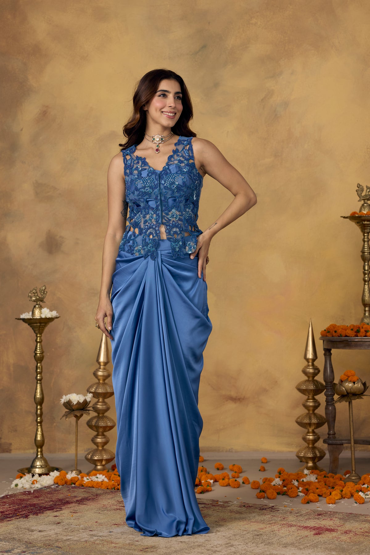 Dusty Blue Embellished Satin Silk Skirt Set