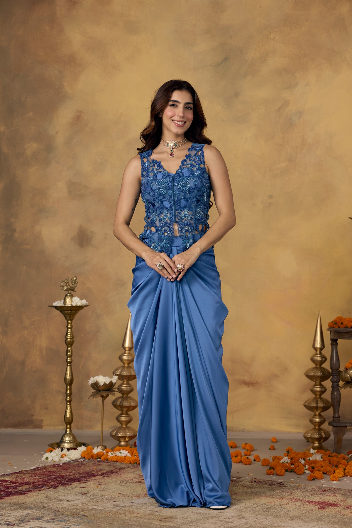 Dusty Blue Embellished Satin Silk Skirt Set