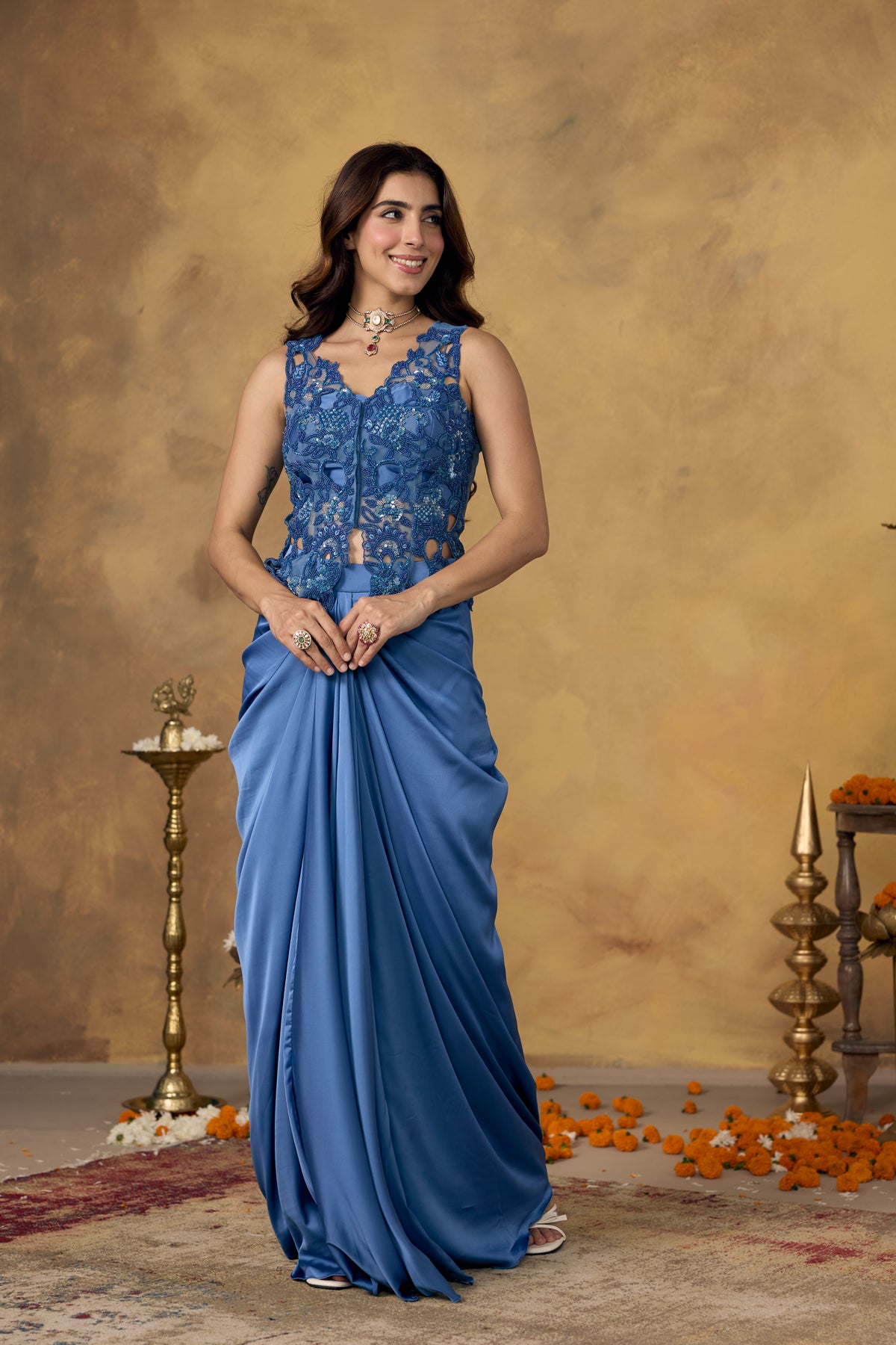 Dusty Blue Embellished Satin Silk Skirt Set
