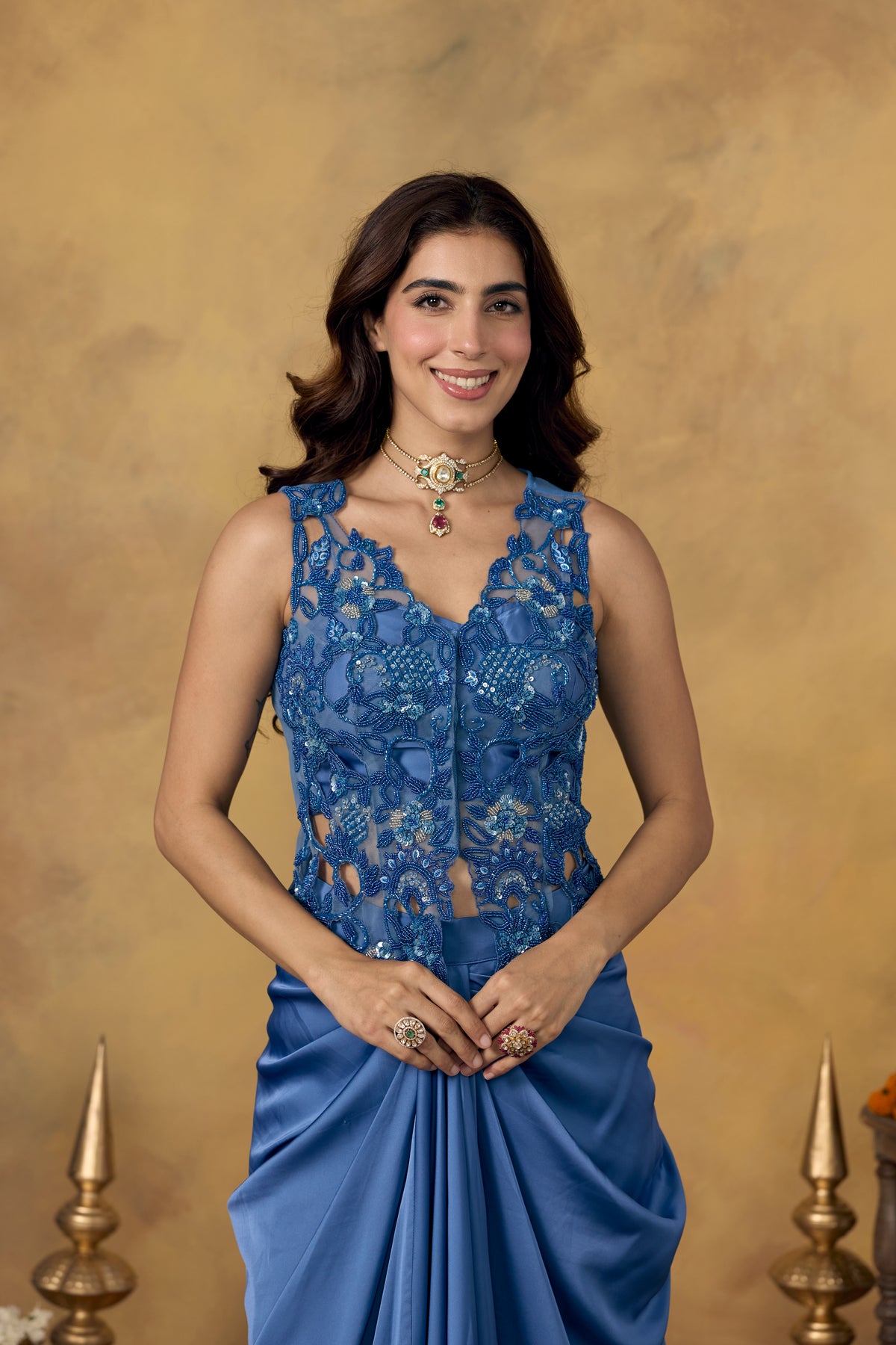 Dusty Blue Embellished Satin Silk Skirt Set