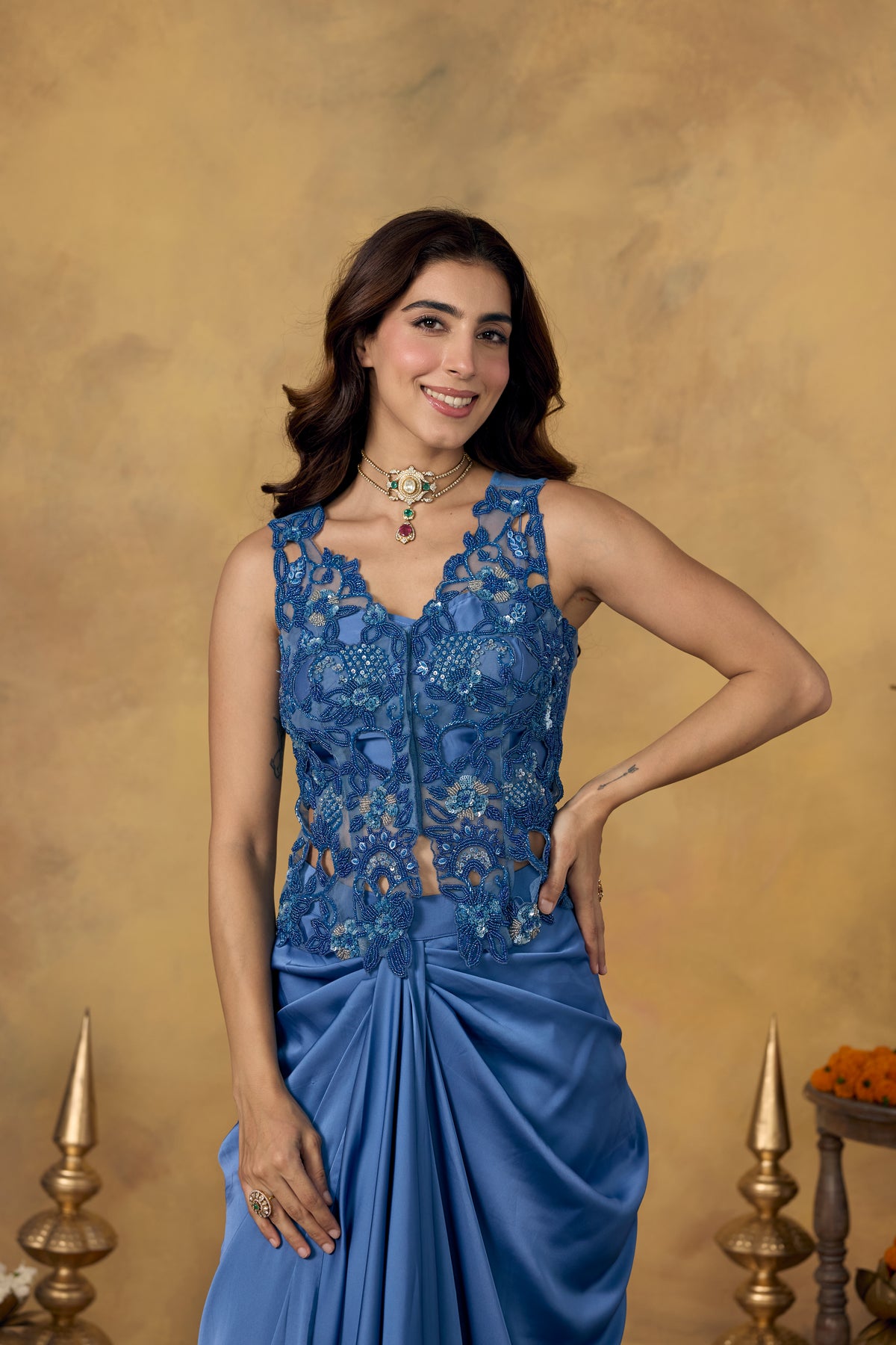 Dusty Blue Embellished Satin Silk Skirt Set