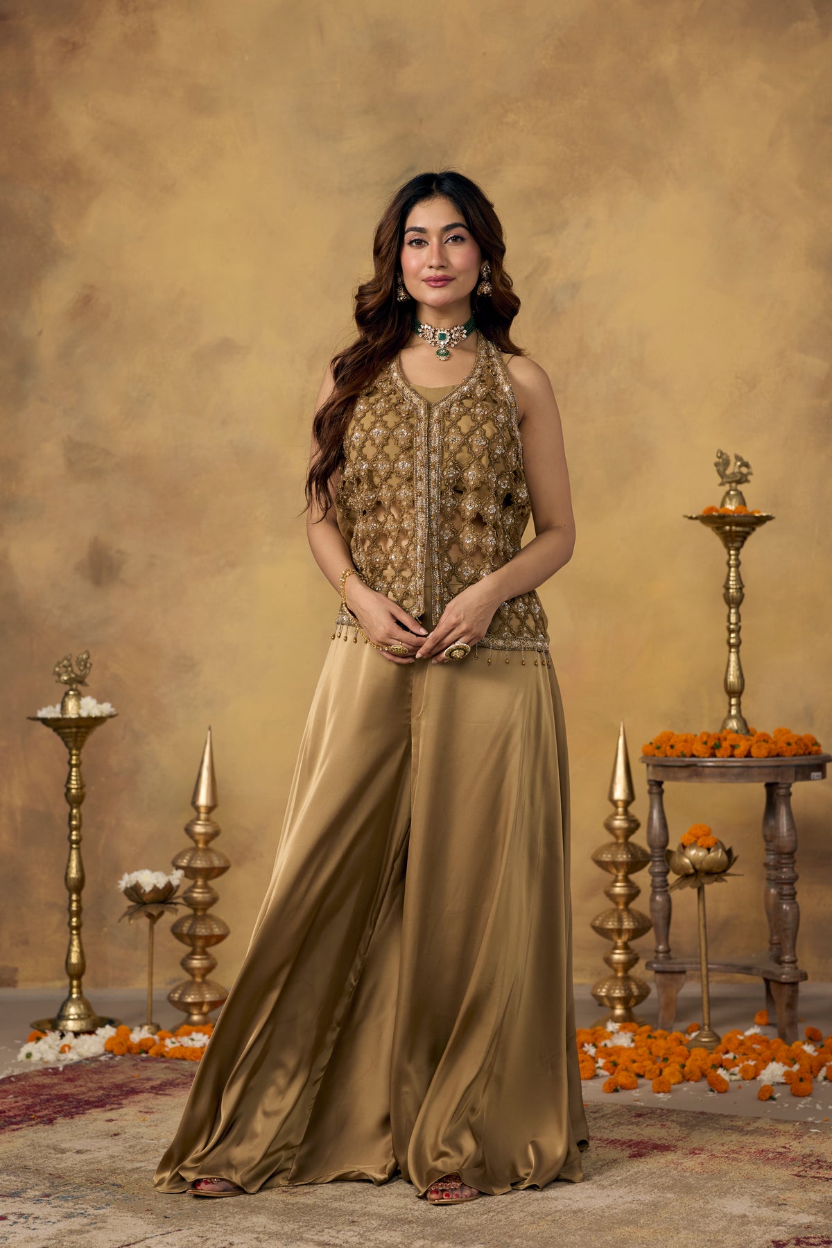 Gold Champagne Embellished Satin Silk Palazzo Set