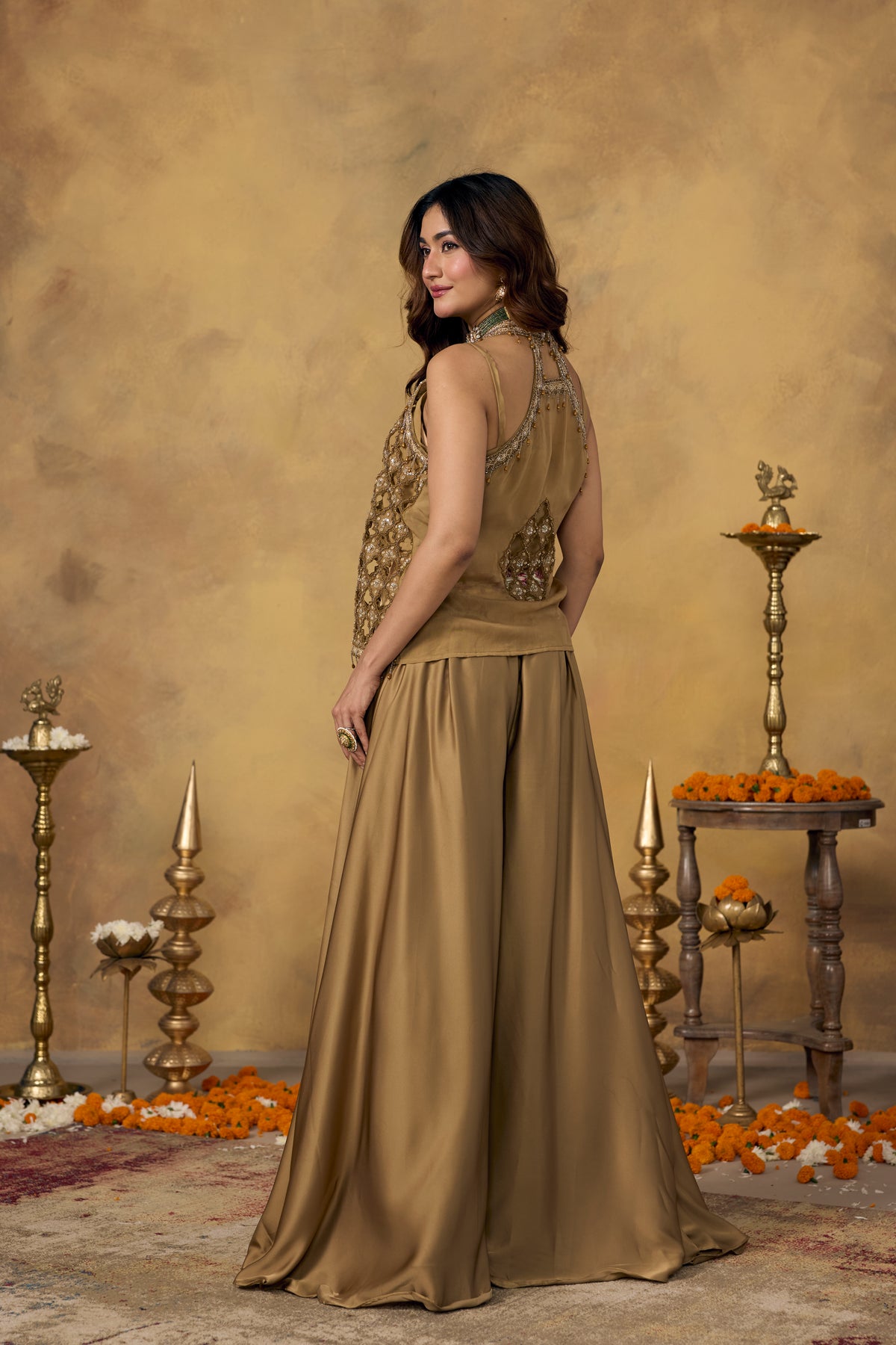 Gold Champagne Embellished Satin Silk Palazzo Set