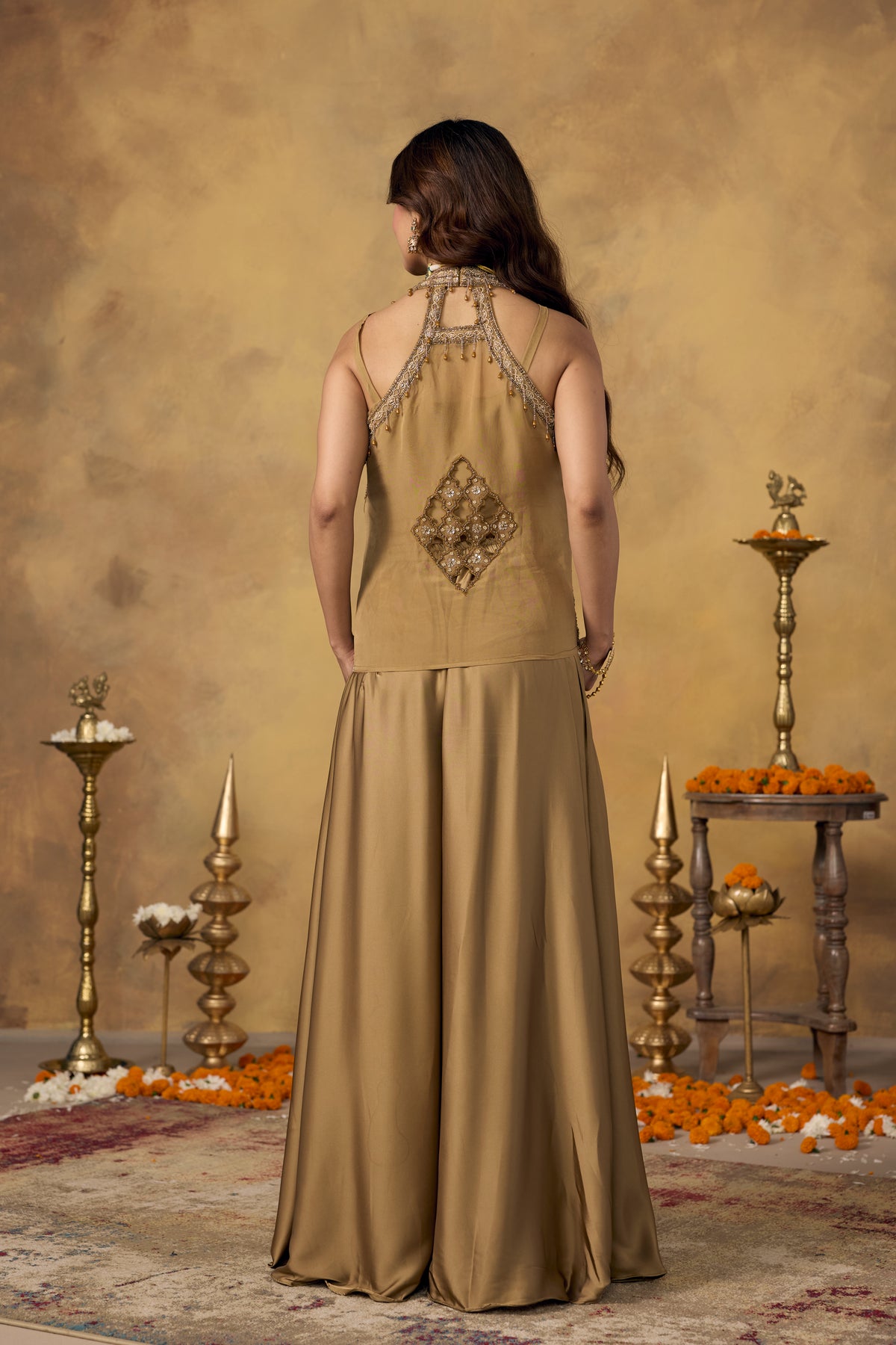 Gold Champagne Embellished Satin Silk Palazzo Set