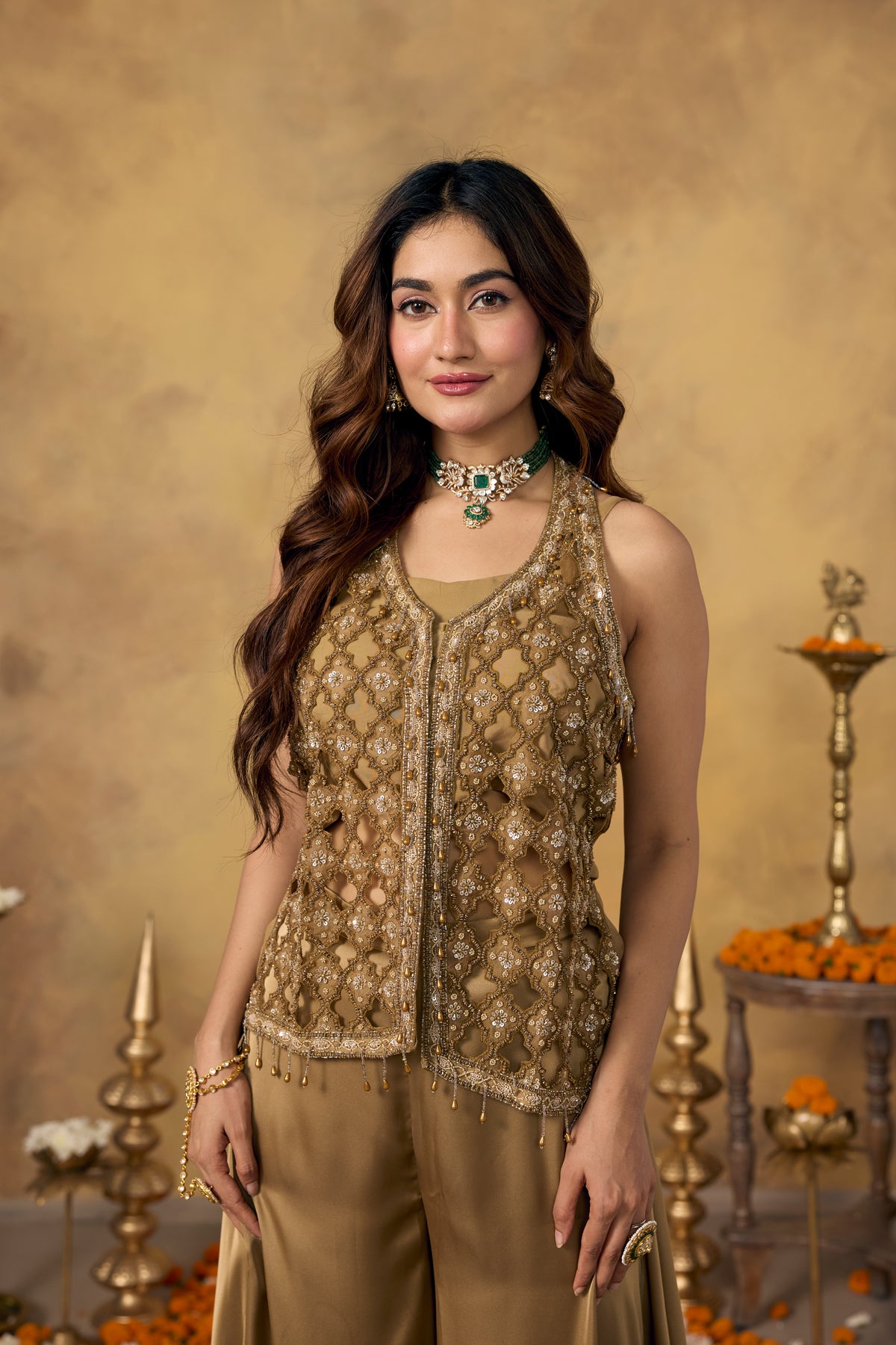 Gold Champagne Embellished Satin Silk Palazzo Set