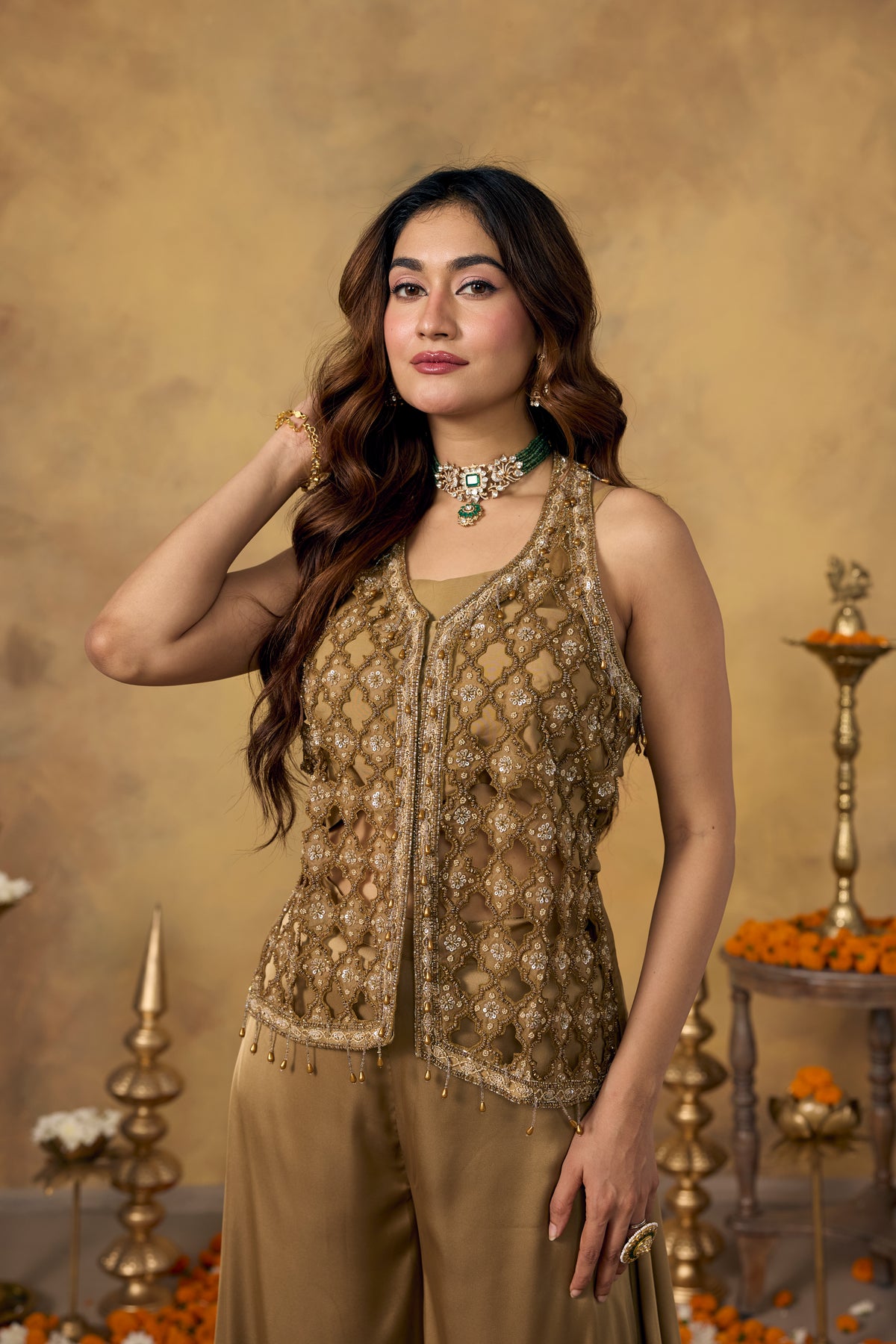Gold Champagne Embellished Satin Silk Palazzo Set