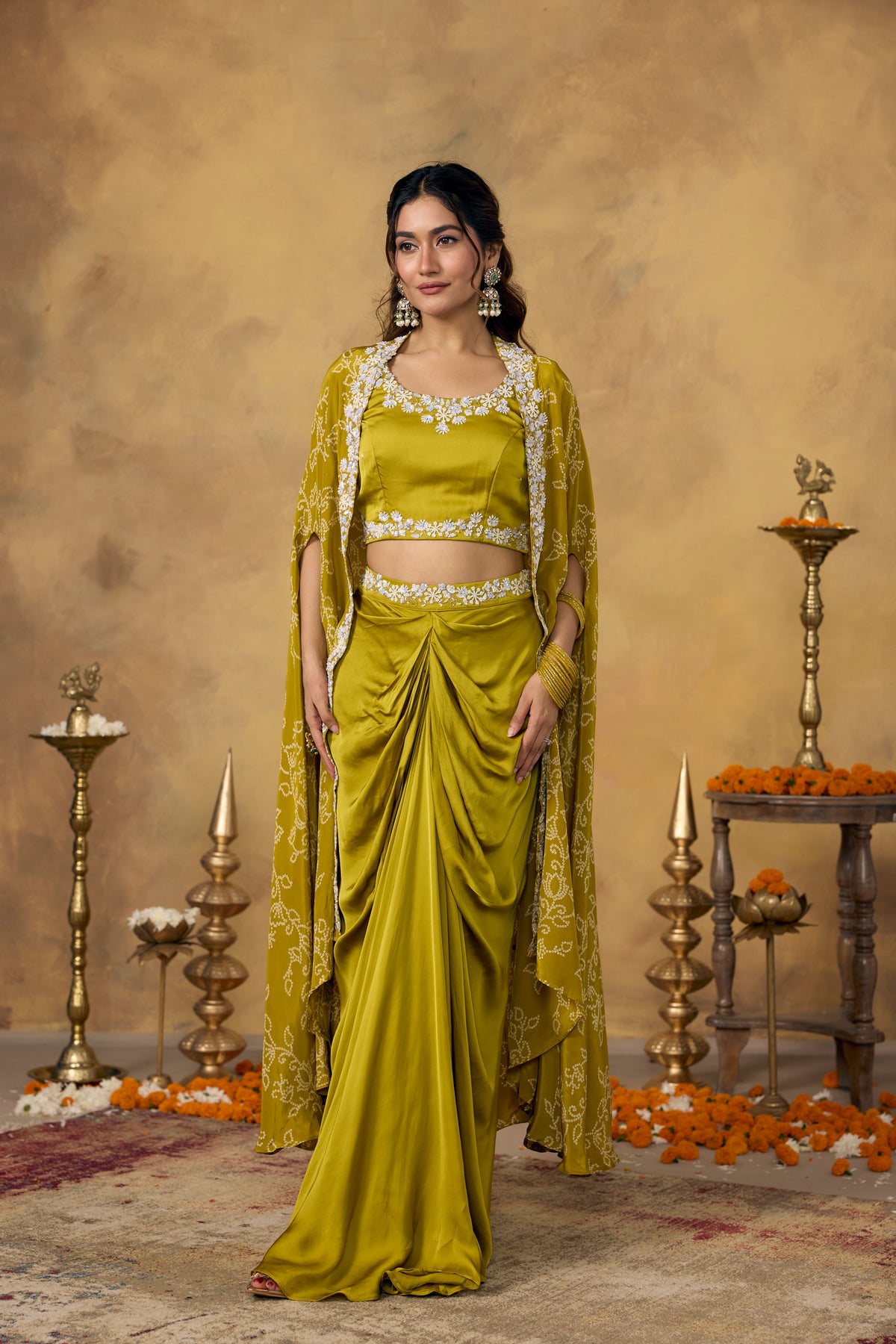 Pear Green Embellished Crepe Silk Skirt Set