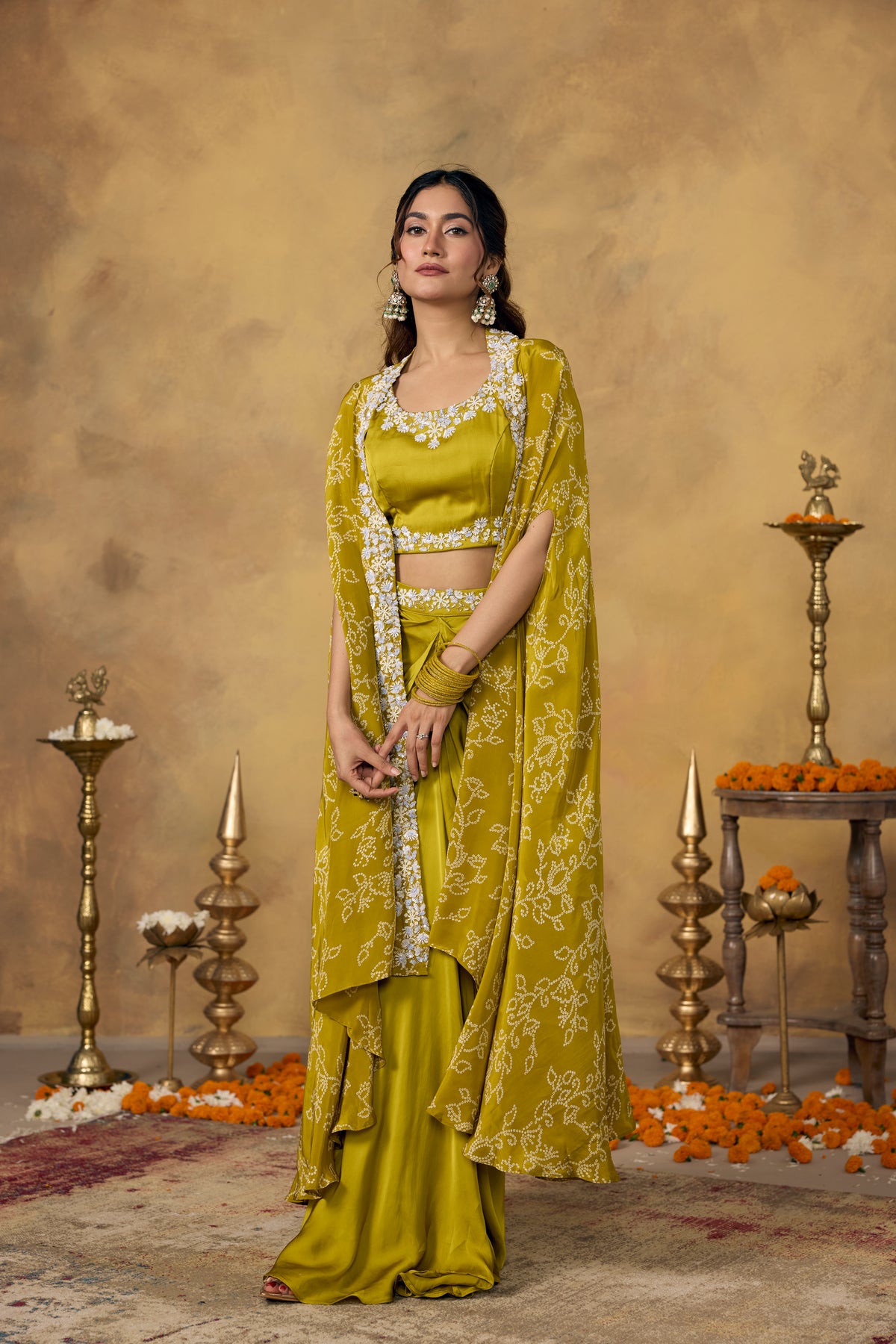 Pear Green Embellished Crepe Silk Skirt Set