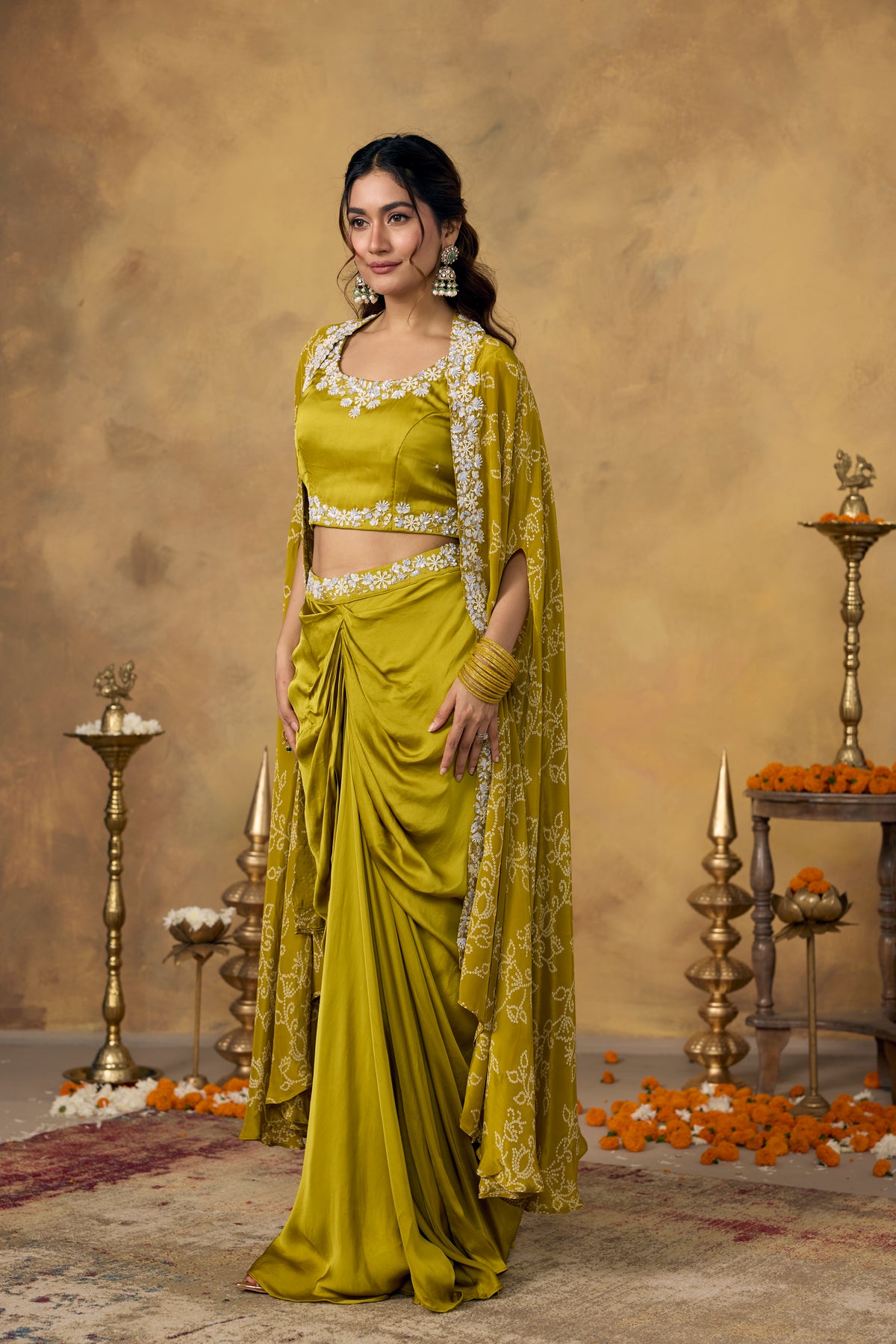 Pear Green Embellished Crepe Silk Skirt Set