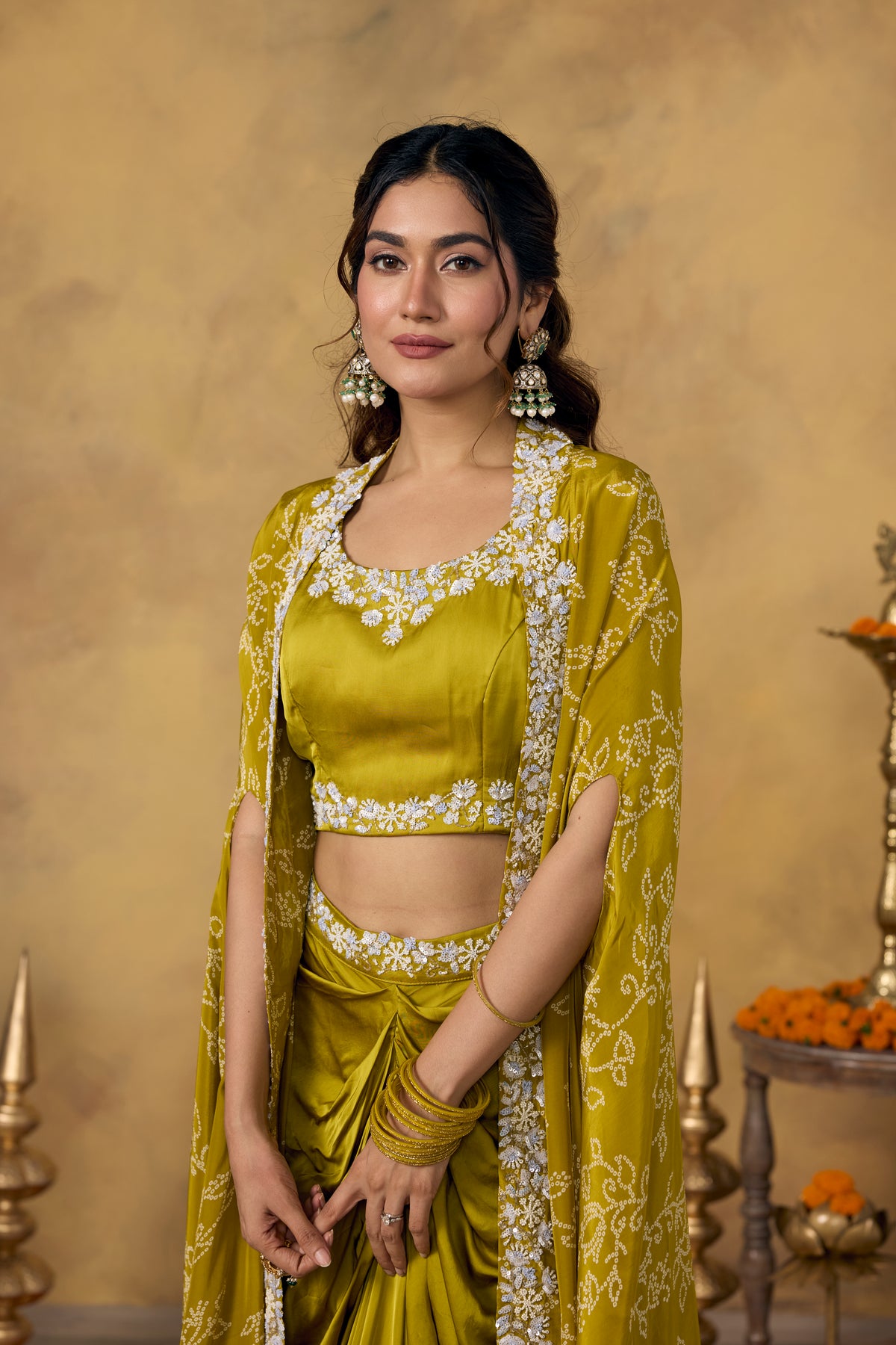Pear Green Embellished Crepe Silk Skirt Set