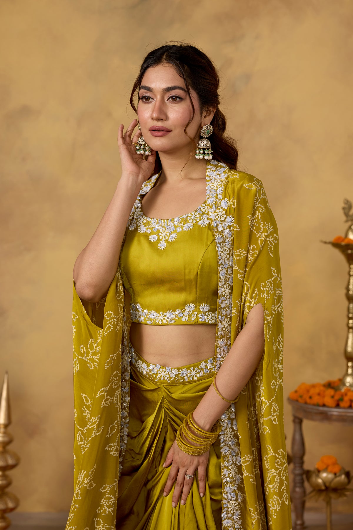 Pear Green Embellished Crepe Silk Skirt Set