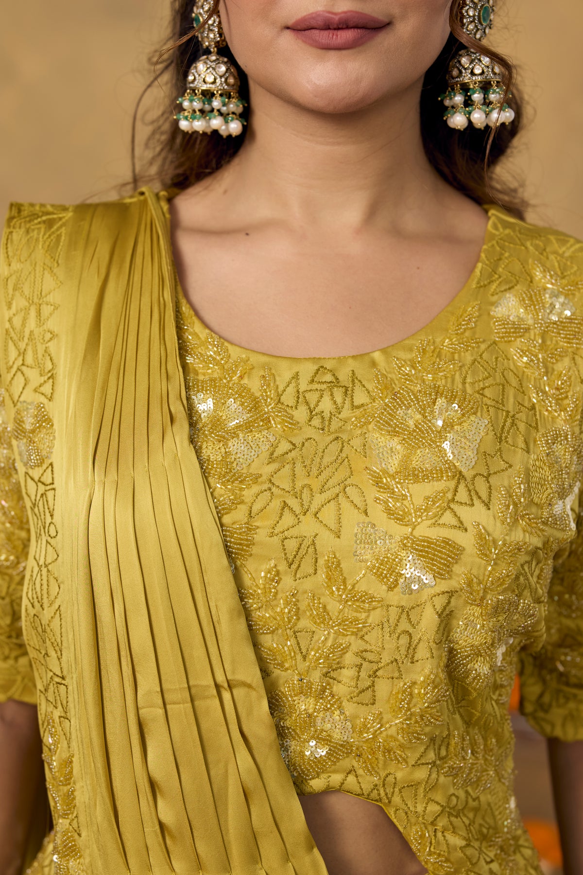 Muted Yellow Embellished Crepe Satin Silk Pre-Draped Saree