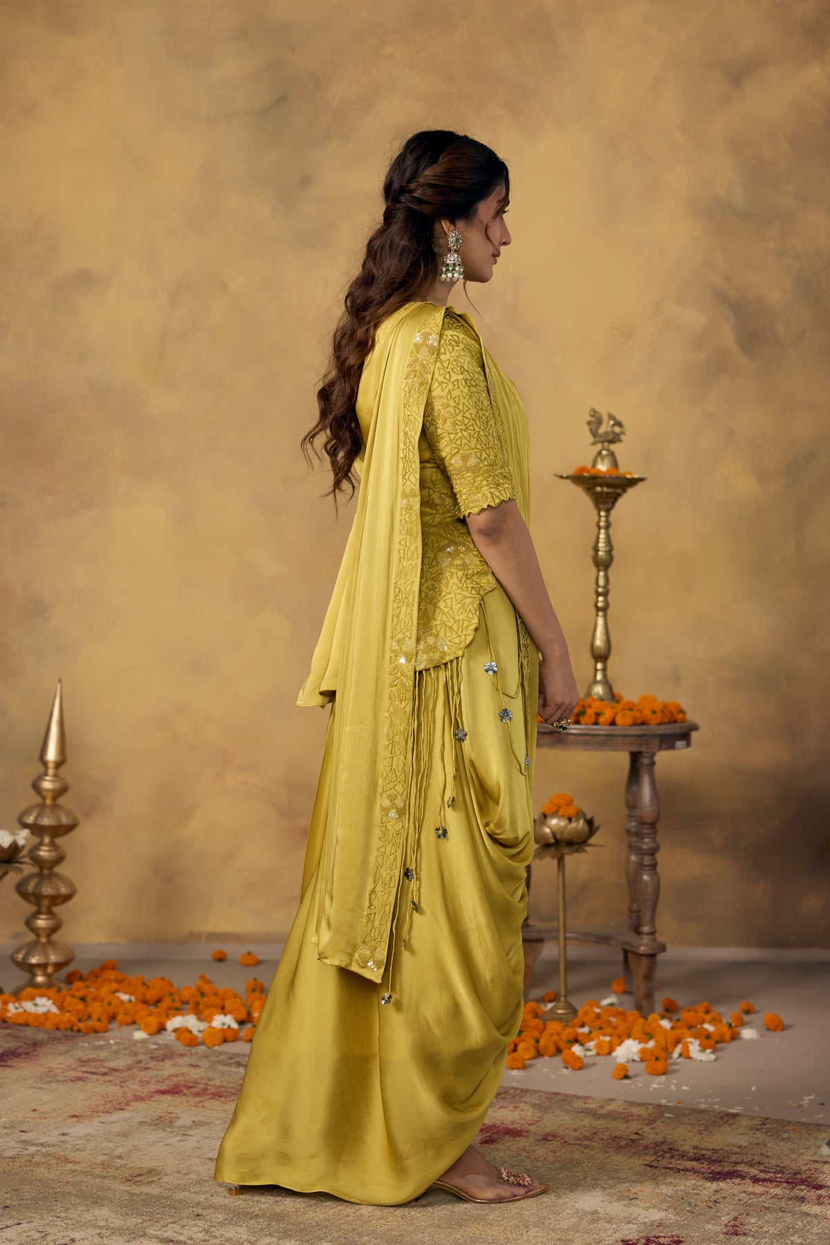 Muted Yellow Embellished Crepe Satin Silk Pre-Draped Saree