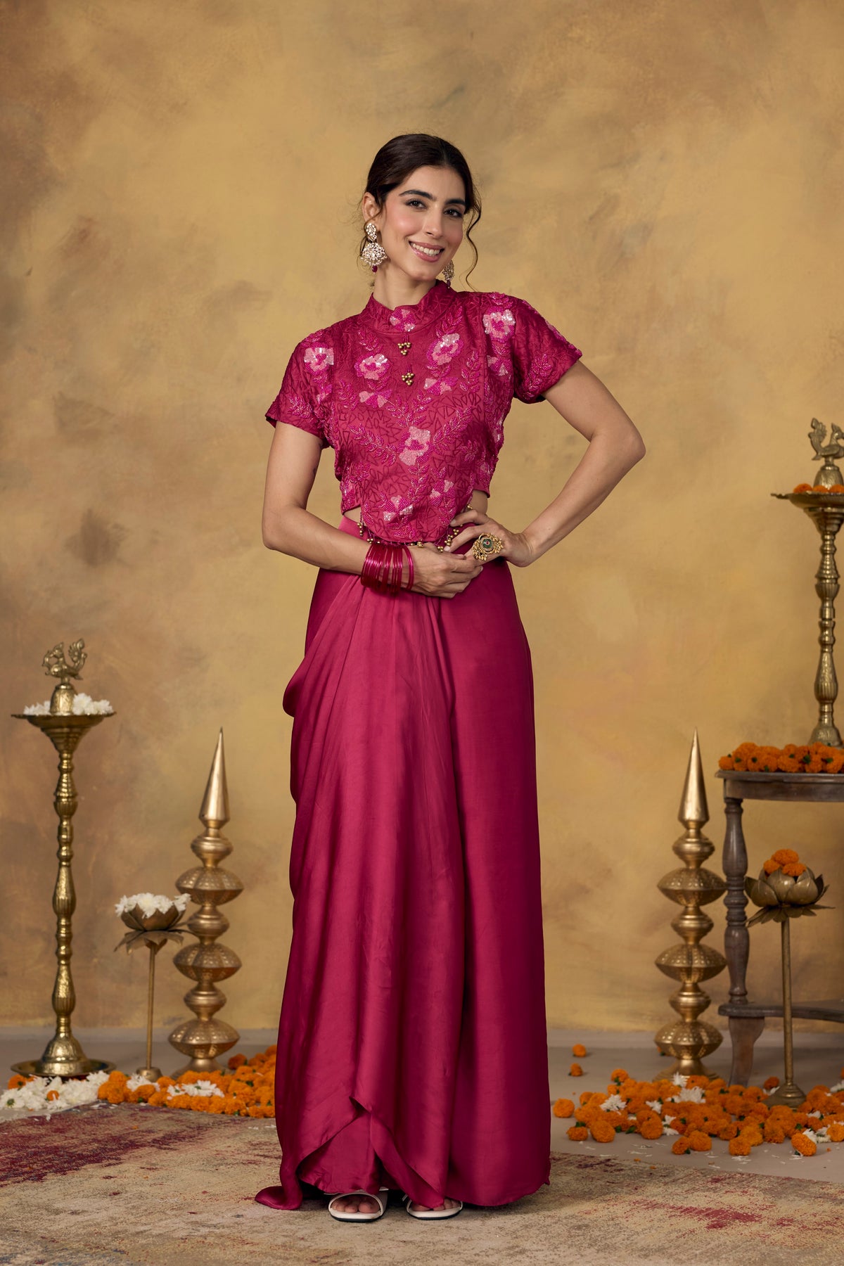 Fuchsia Pink Embellished Satin Silk Draped Skirt Set