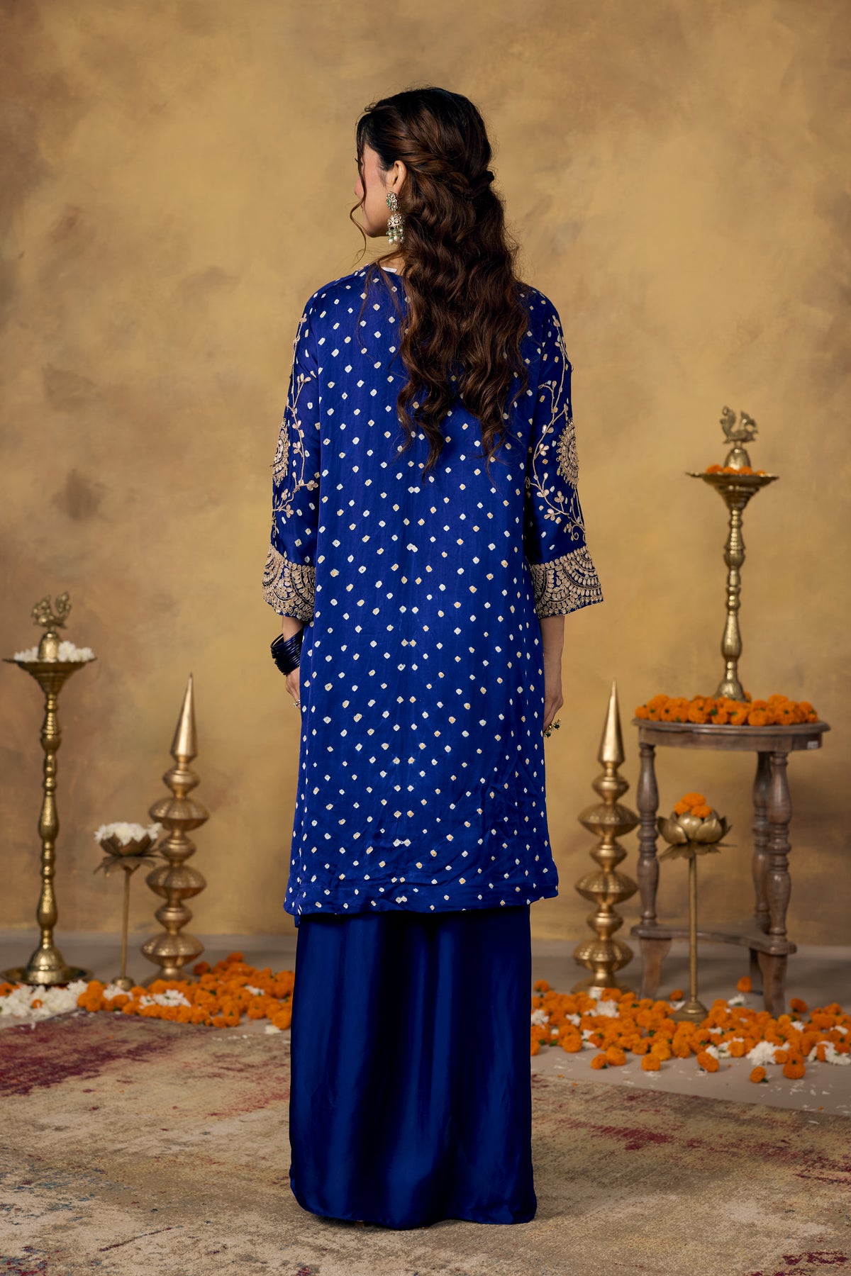 Deep Cobalt Blue Embellished Satin Silk Skirt Set