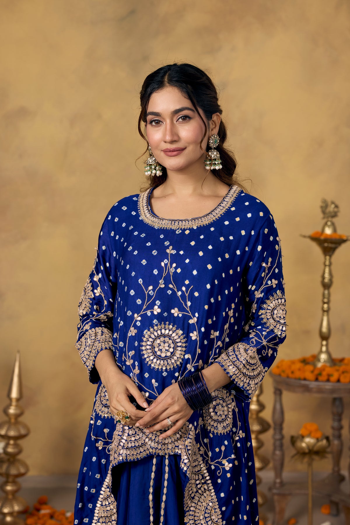 Deep Cobalt Blue Embellished Satin Silk Skirt Set