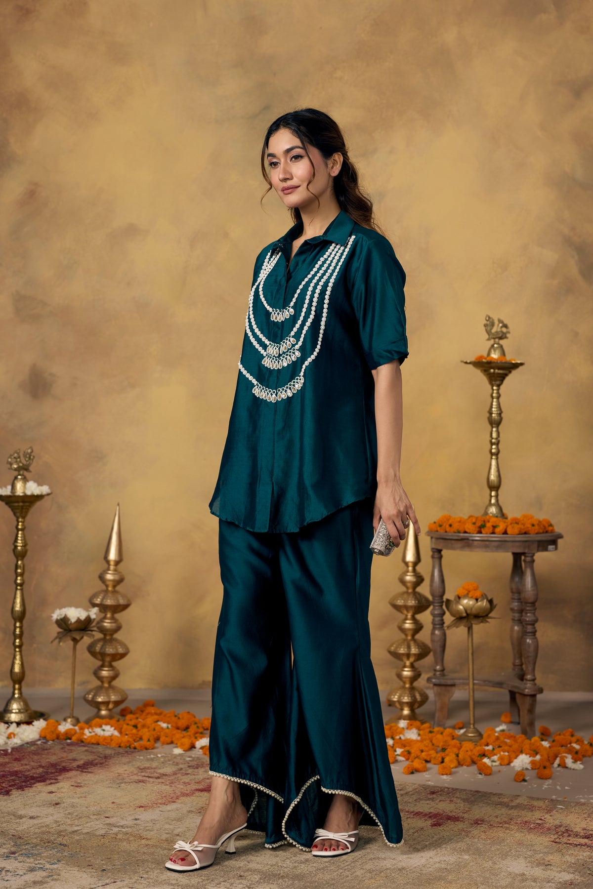 Deep Teal Embellished Mul Silk Co-Ord Set