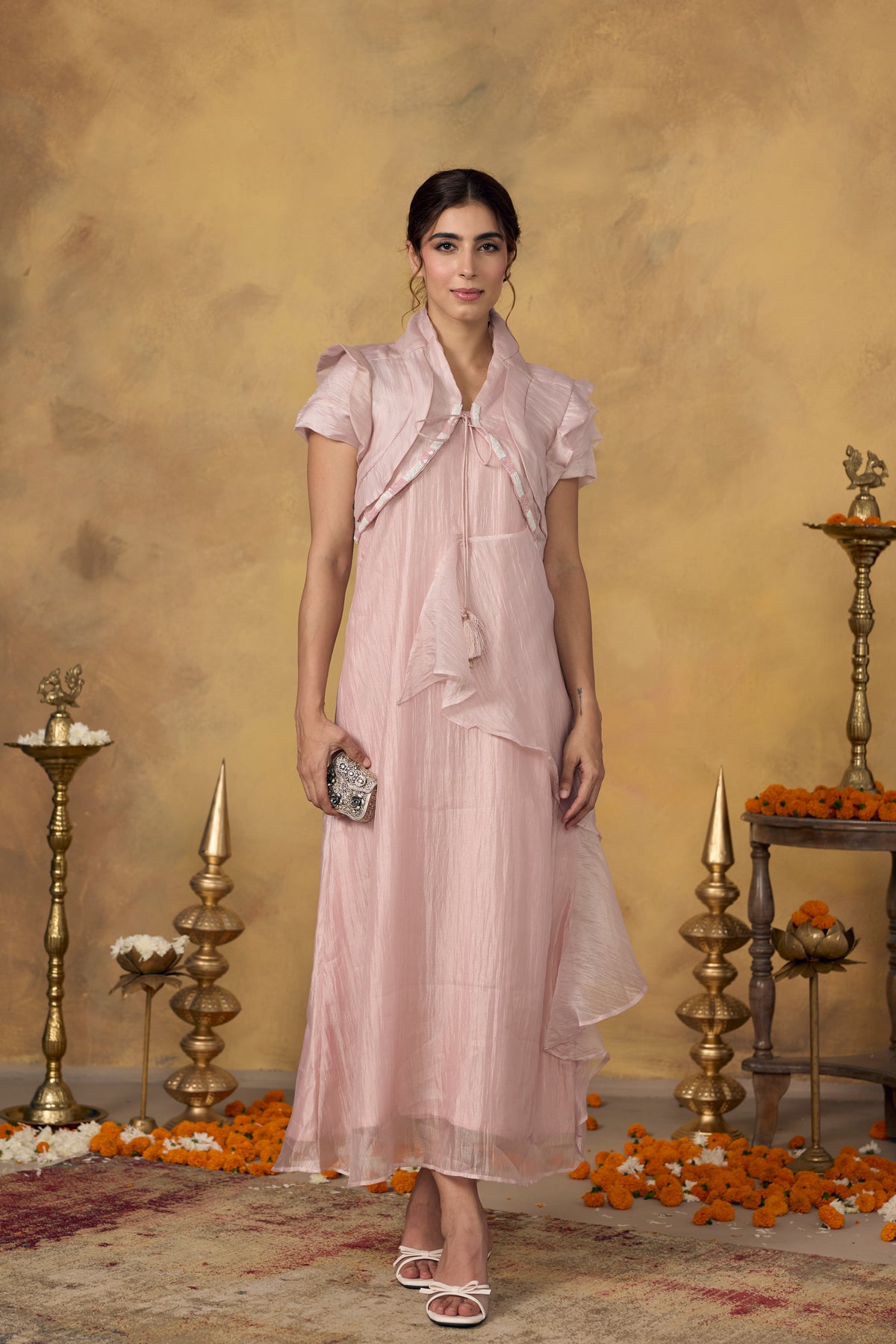 Dusty Pink Embellished Shimmer Tissue Silk Dress