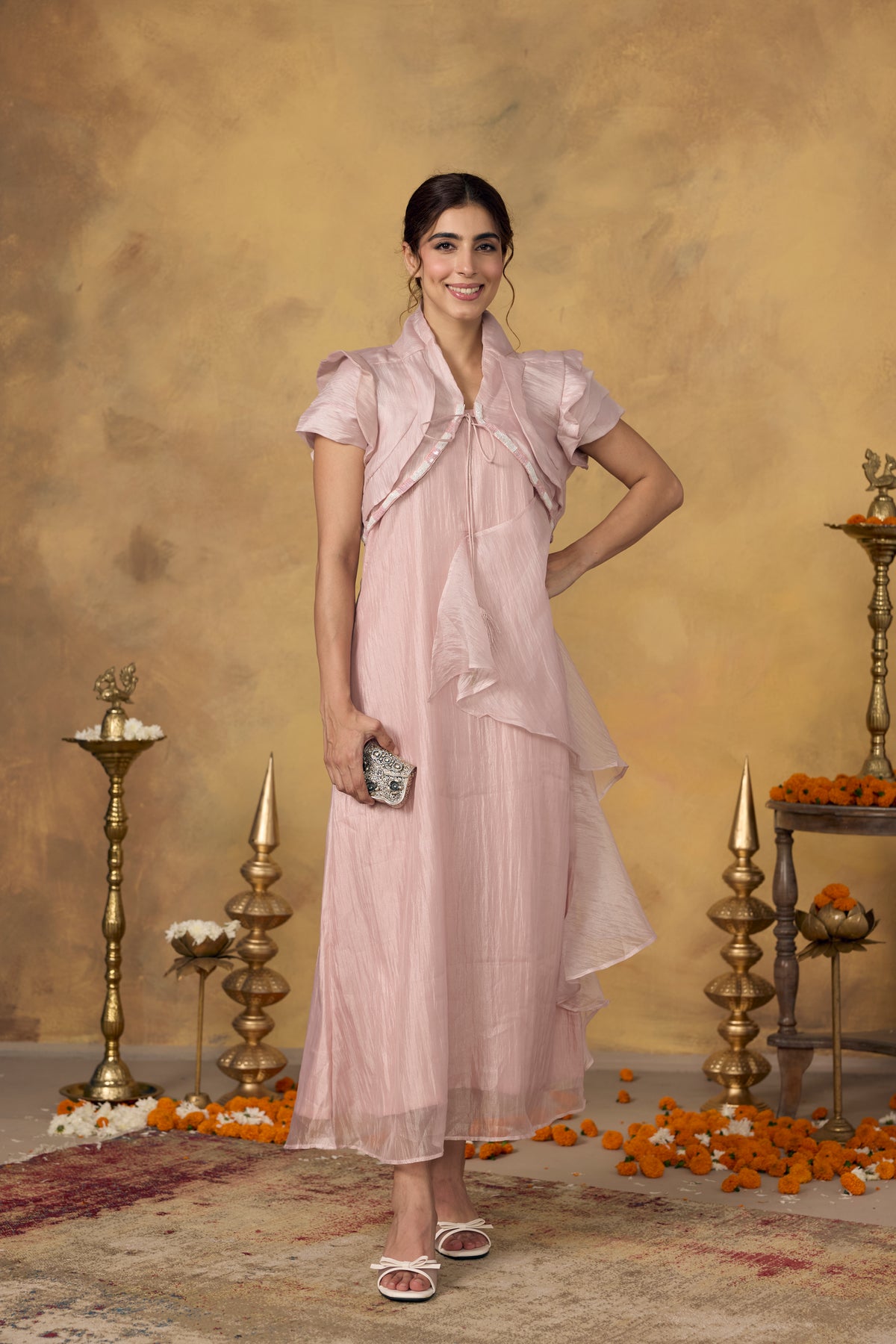 Dusty Pink Embellished Shimmer Tissue Silk Dress