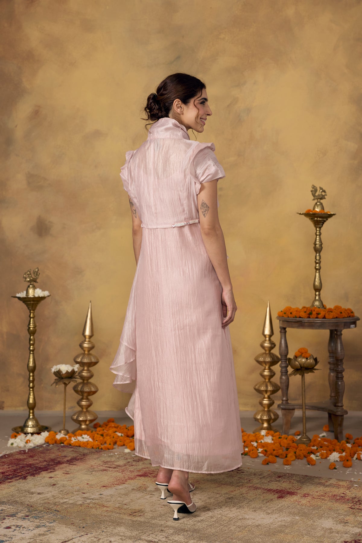 Dusty Pink Embellished Shimmer Tissue Silk Dress
