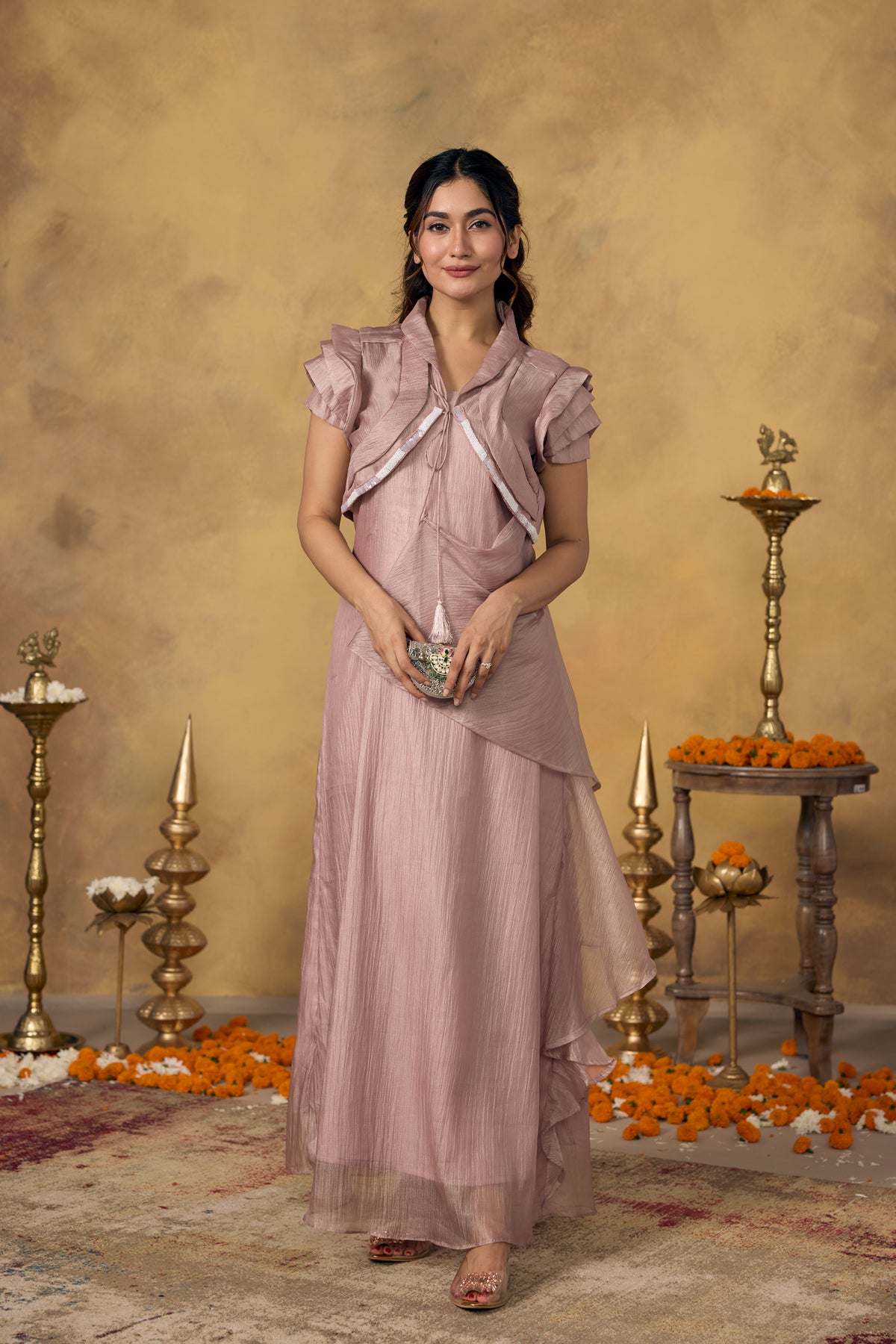 Rose Pink Embellished Shimmer Tissue Silk Dress