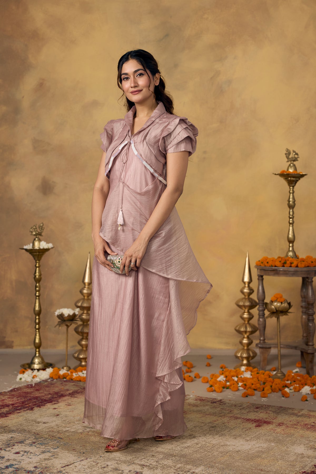 Rose Pink Embellished Shimmer Tissue Silk Dress